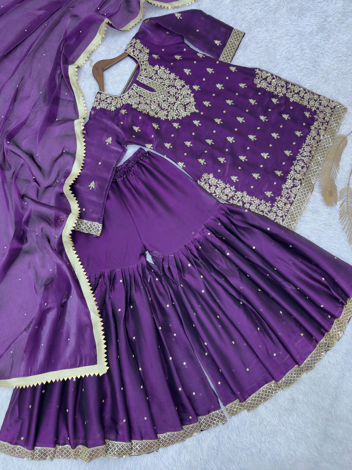 Stylish GMY Silk Top, Sharara & Dupatta Set with Heavy Embroidery (Fully Stitched)