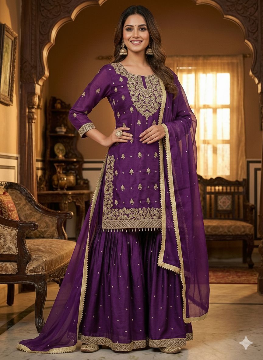 Stylish GMY Silk Top, Sharara & Dupatta Set with Heavy Embroidery (Fully Stitched)