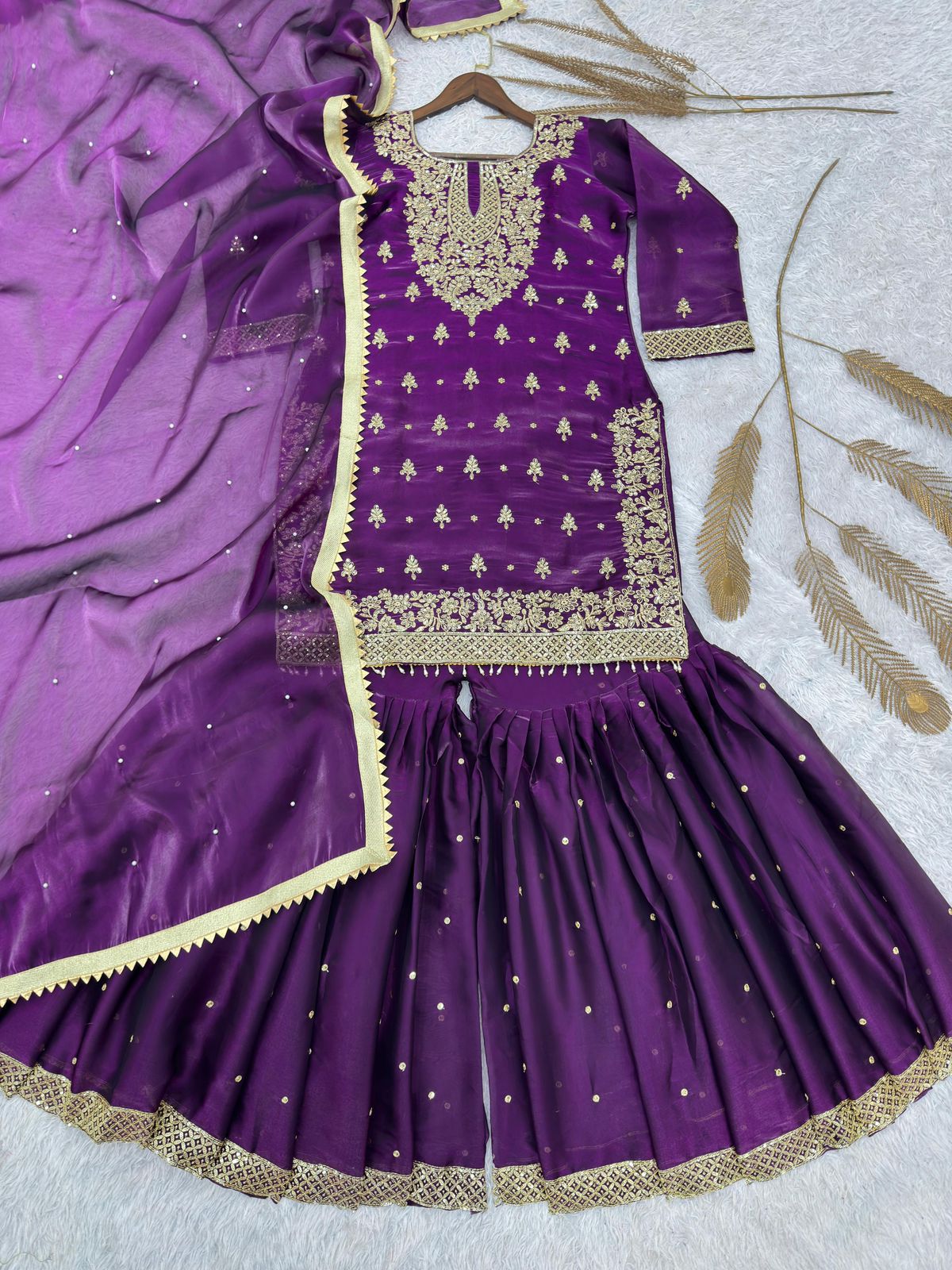 Stylish GMY Silk Top, Sharara & Dupatta Set with Heavy Embroidery (Fully Stitched)