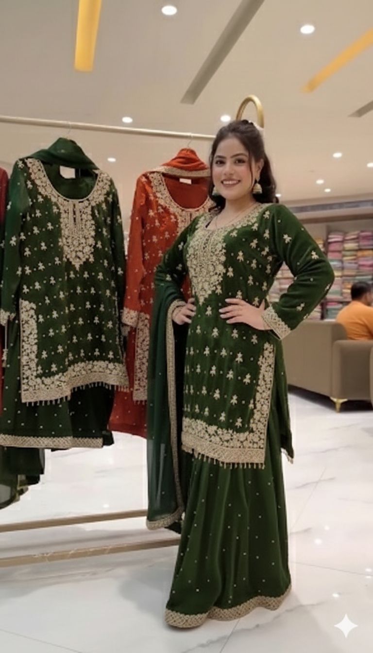 Stylish GMY Silk Top, Sharara & Dupatta Set with Heavy Embroidery (Fully Stitched)