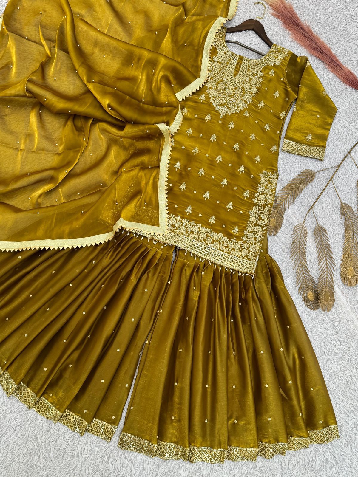 Stylish GMY Silk Top, Sharara & Dupatta Set with Heavy Embroidery (Fully Stitched)