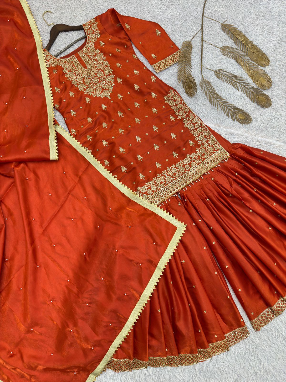 Stylish GMY Silk Top, Sharara & Dupatta Set with Heavy Embroidery (Fully Stitched)