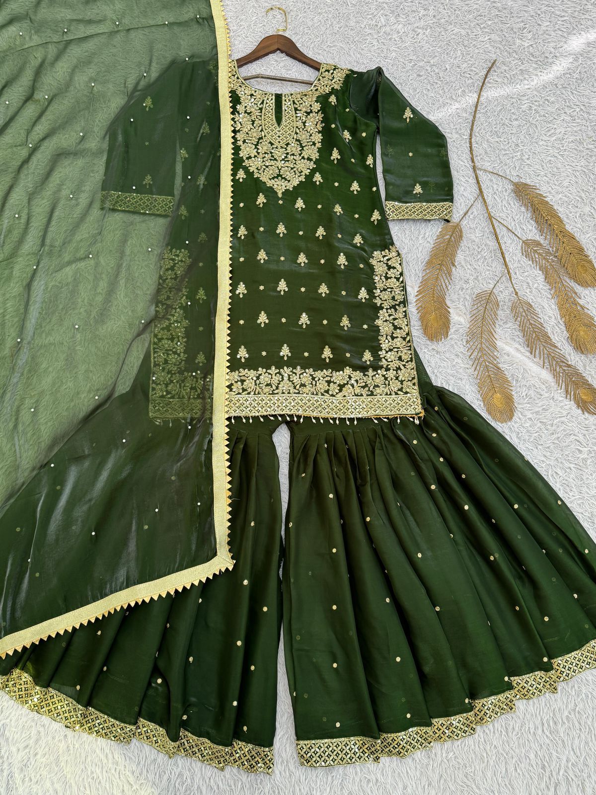 Stylish GMY Silk Top, Sharara & Dupatta Set with Heavy Embroidery (Fully Stitched)