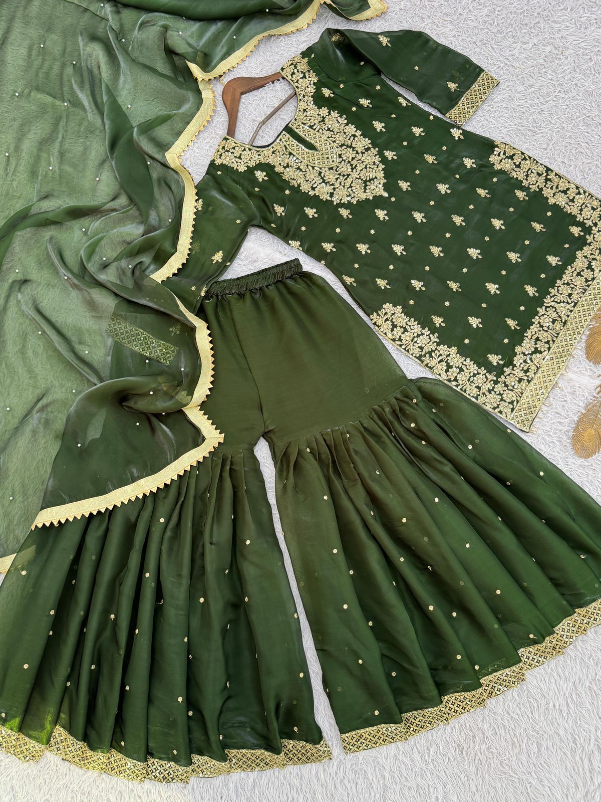 Stylish GMY Silk Top, Sharara & Dupatta Set with Heavy Embroidery (Fully Stitched)