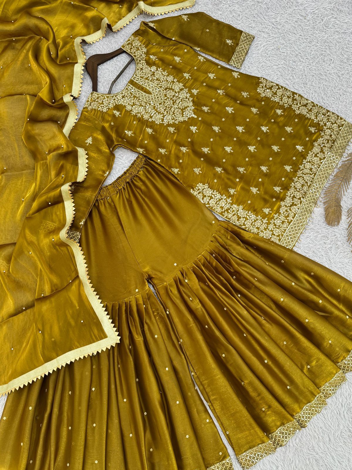 Stylish GMY Silk Top, Sharara & Dupatta Set with Heavy Embroidery (Fully Stitched)