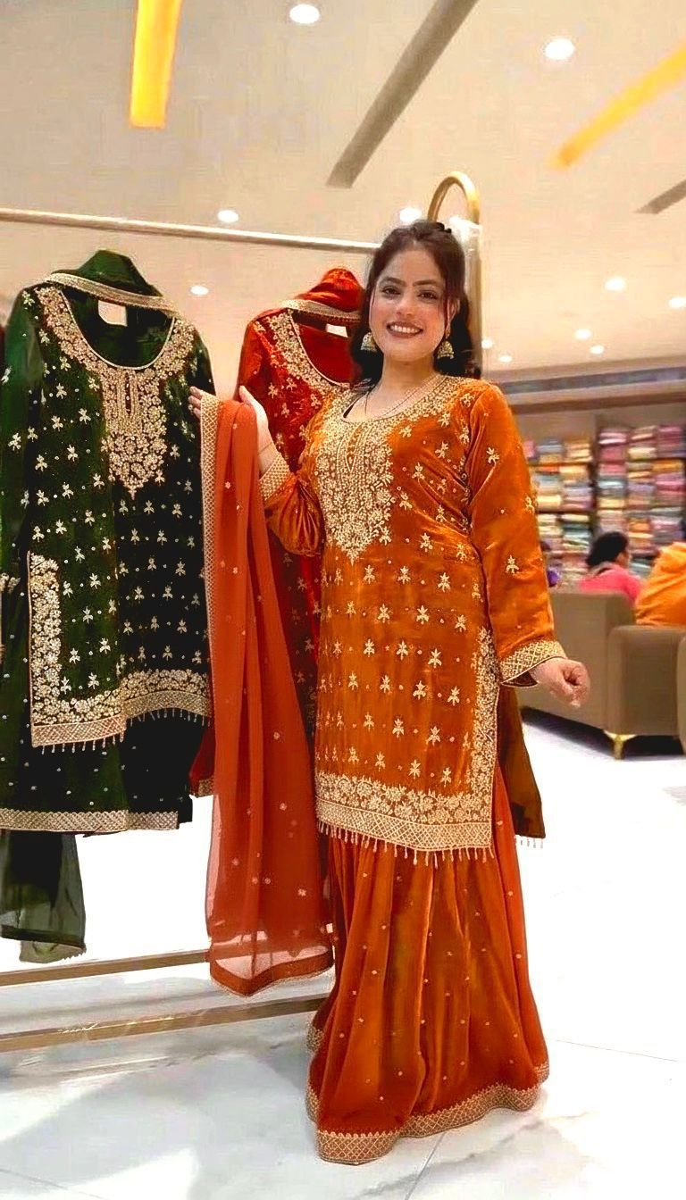 Stylish GMY Silk Top, Sharara & Dupatta Set with Heavy Embroidery (Fully Stitched)