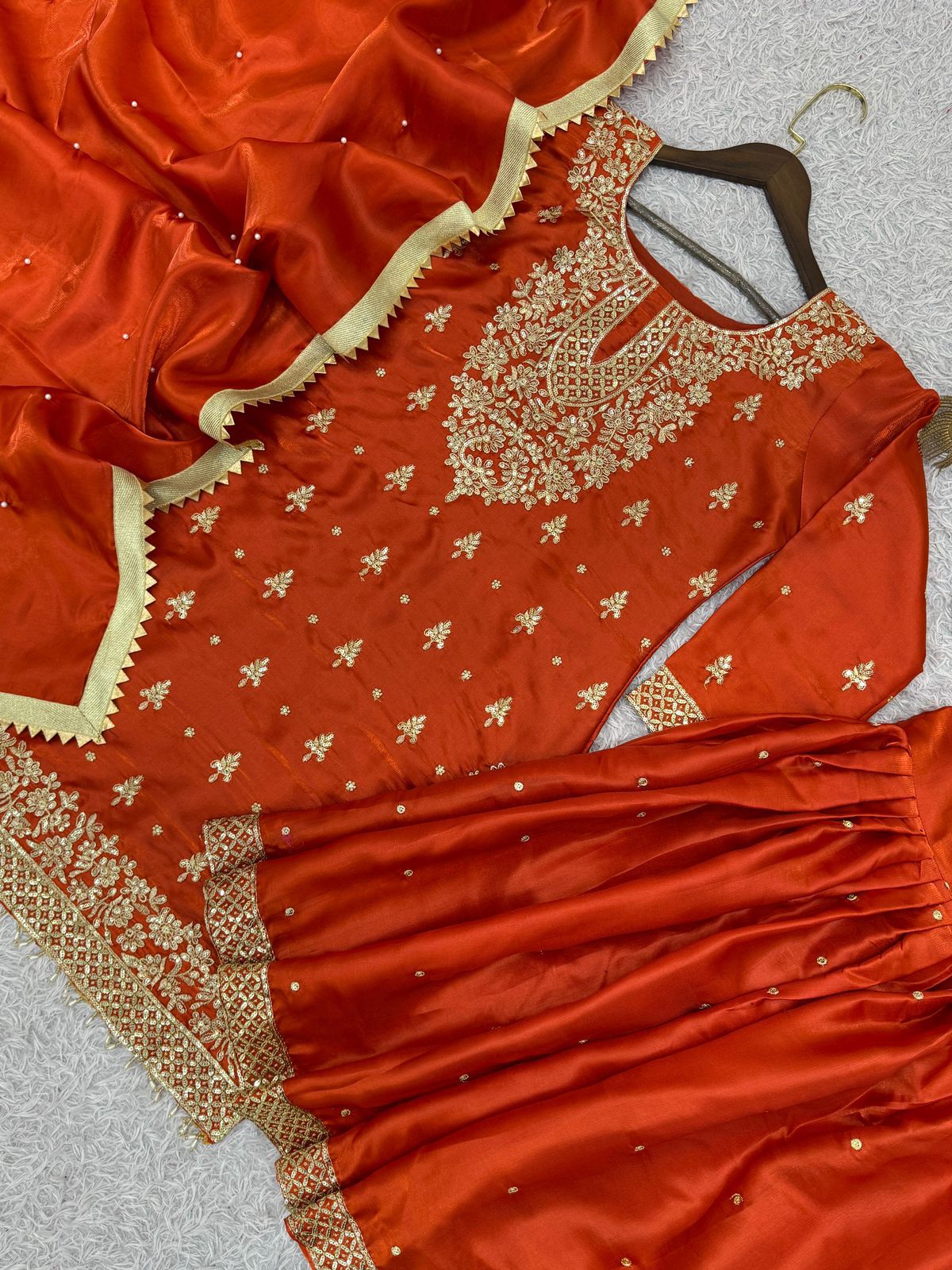 Stylish GMY Silk Top, Sharara & Dupatta Set with Heavy Embroidery (Fully Stitched)