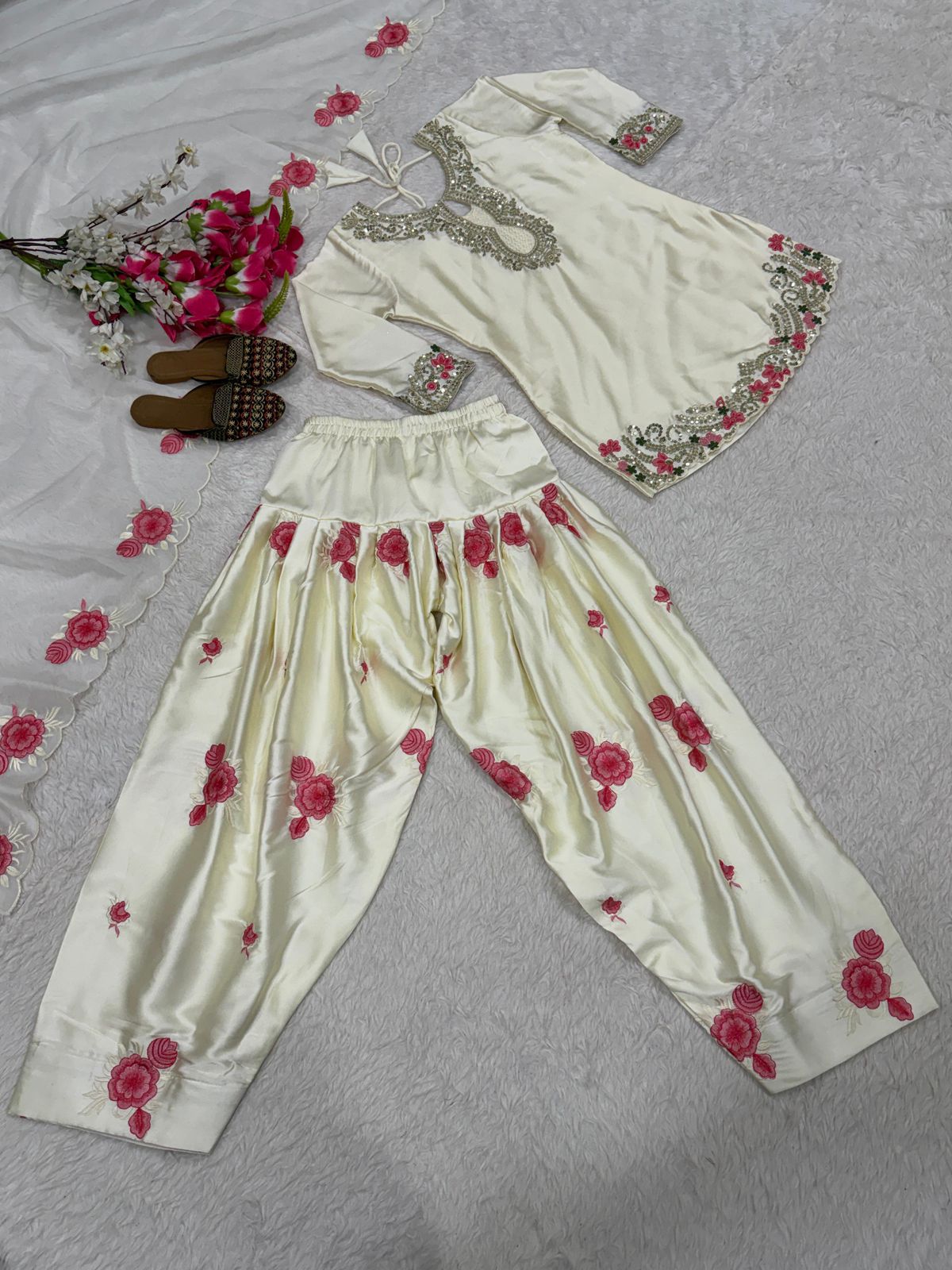 Designer Party Wear Japan Satin Top, Farshi Salwar & Dupatta Set (Fully Stitched)