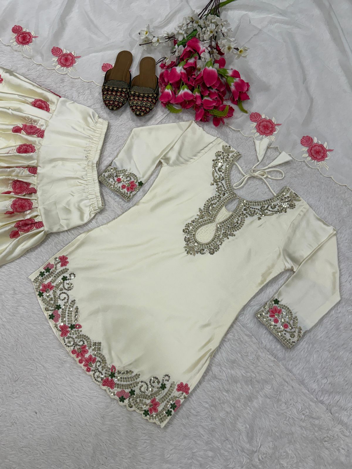 Designer Party Wear Japan Satin Top, Farshi Salwar & Dupatta Set (Fully Stitched)