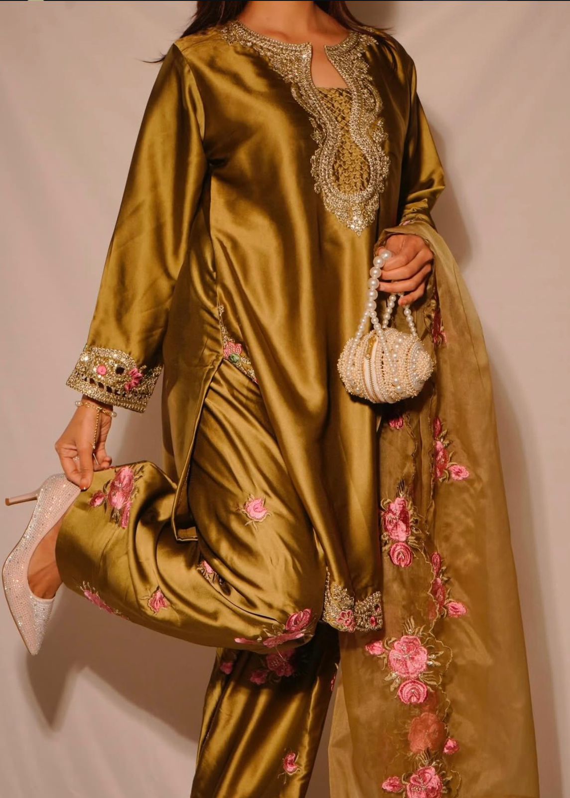 Designer Party Wear Japan Satin Top, Farshi Salwar & Dupatta Set (Fully Stitched)