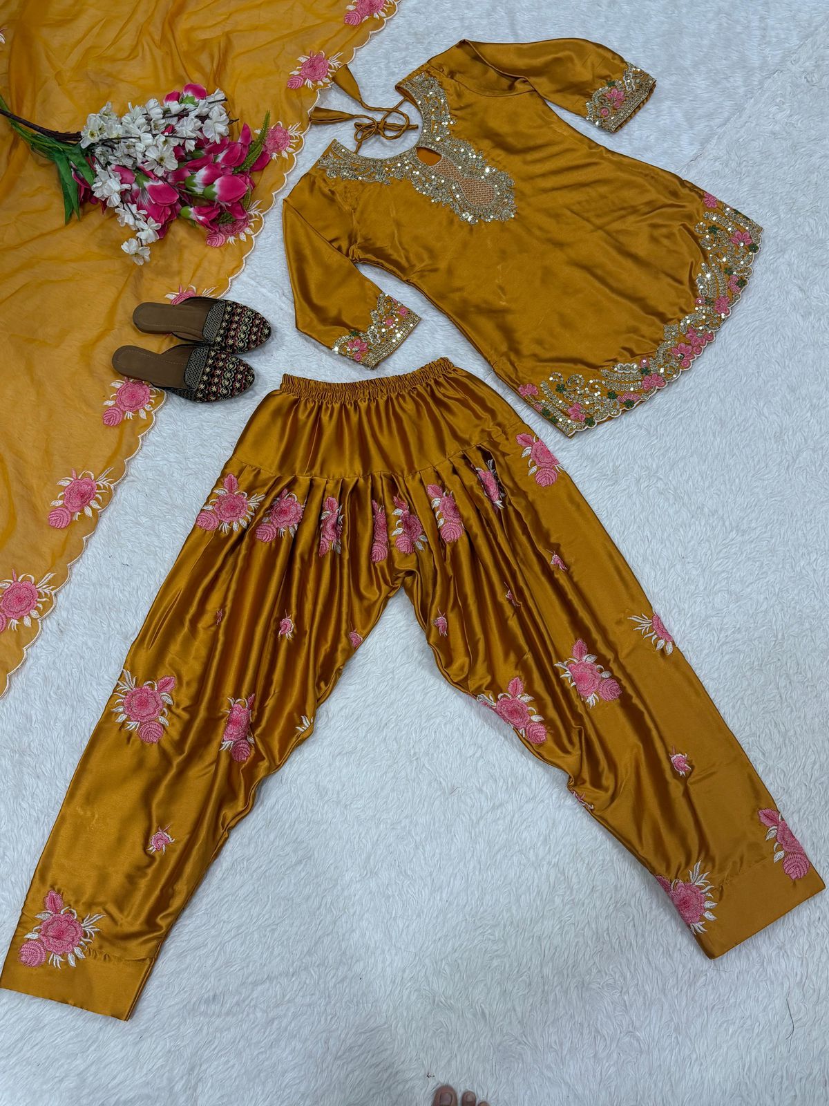 Designer Party Wear Japan Satin Top, Farshi Salwar & Dupatta Set (Fully Stitched)