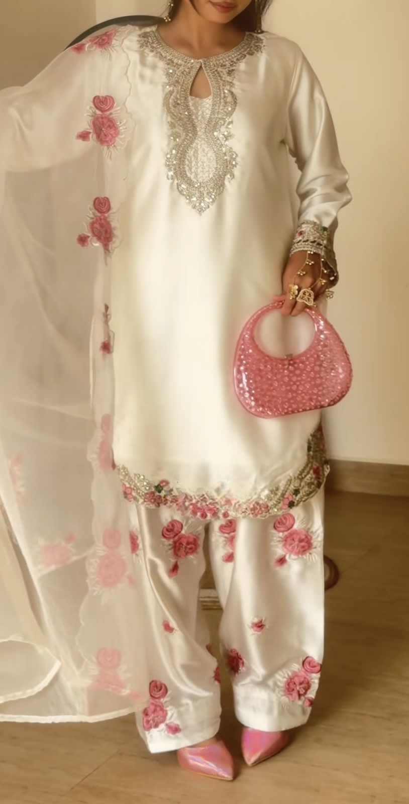 Designer Party Wear Japan Satin Top, Farshi Salwar & Dupatta Set (Fully Stitched)