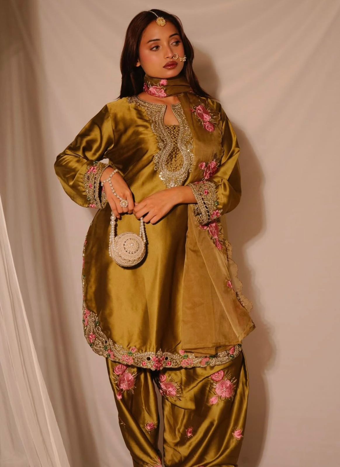 Designer Party Wear Japan Satin Top, Farshi Salwar & Dupatta Set (Fully Stitched)