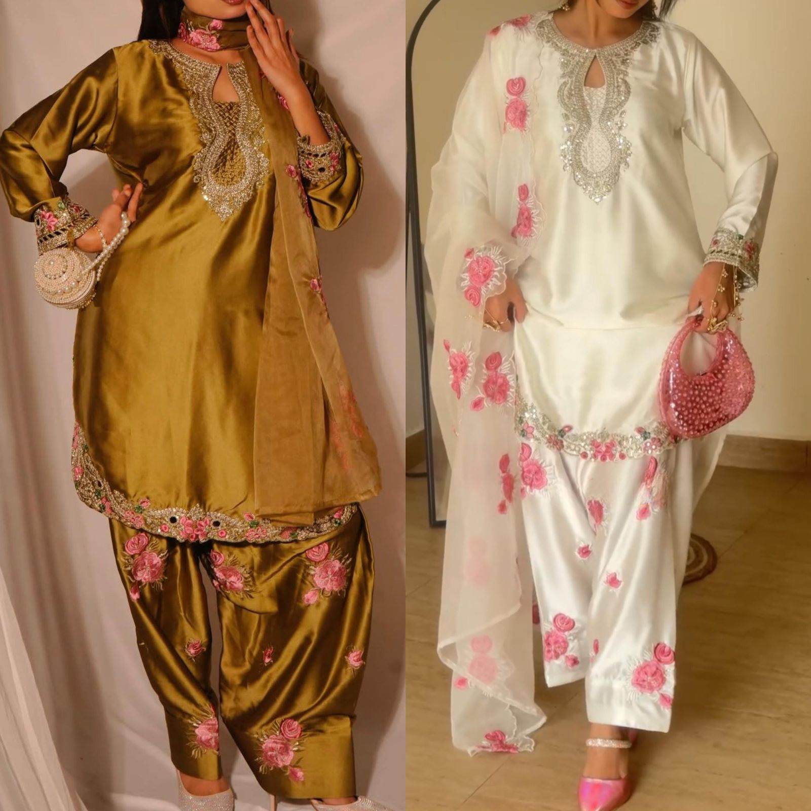 Designer Party Wear Japan Satin Top, Farshi Salwar & Dupatta Set (Fully Stitched)