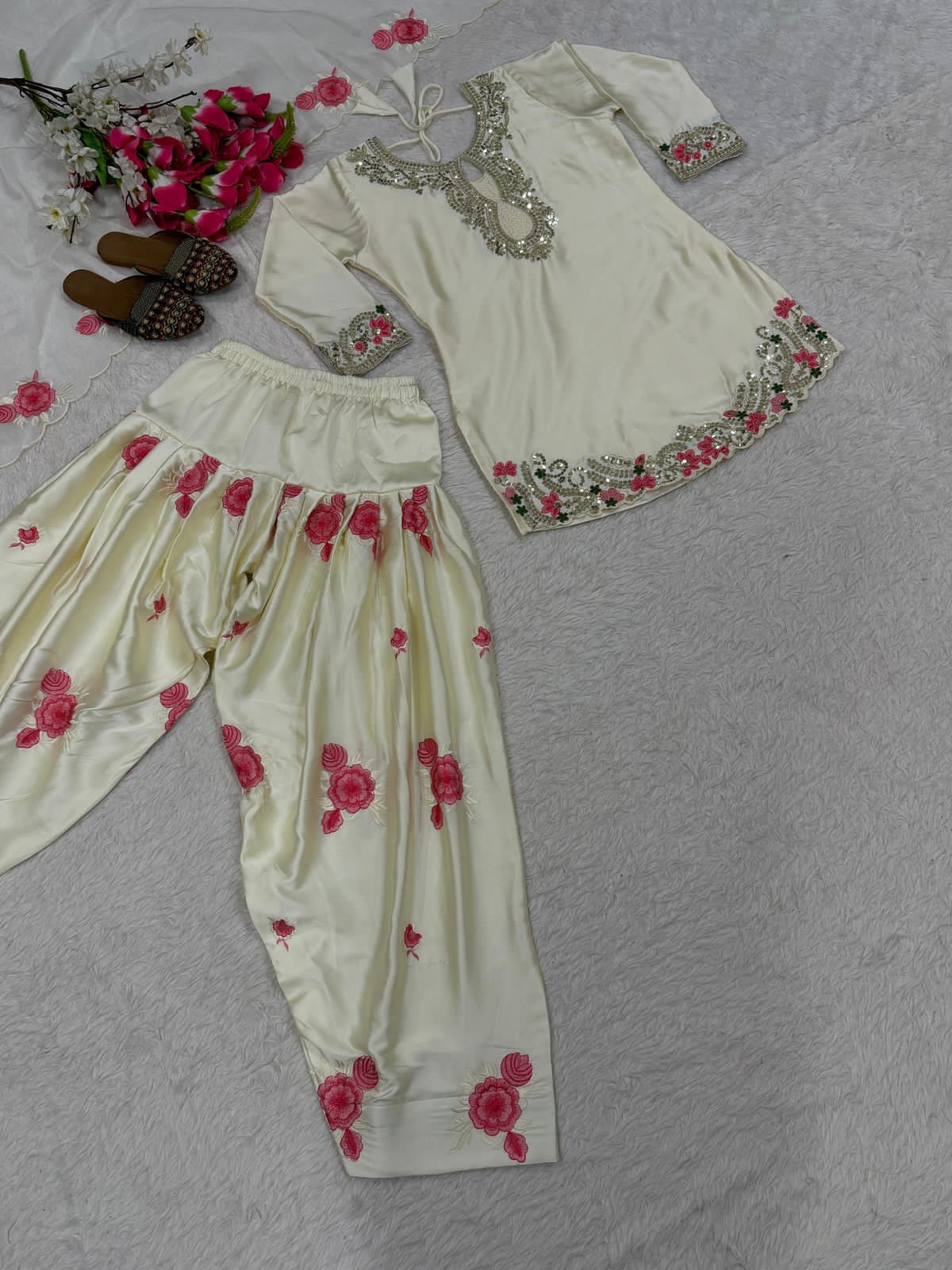 Designer Party Wear Japan Satin Top, Farshi Salwar & Dupatta Set (Fully Stitched)