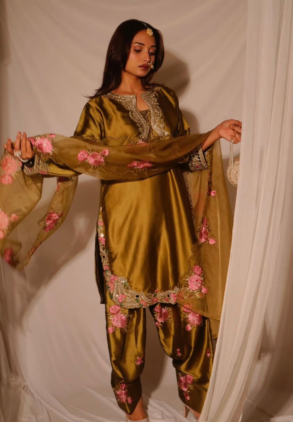 Designer Party Wear Japan Satin Top, Farshi Salwar & Dupatta Set (Fully Stitched)