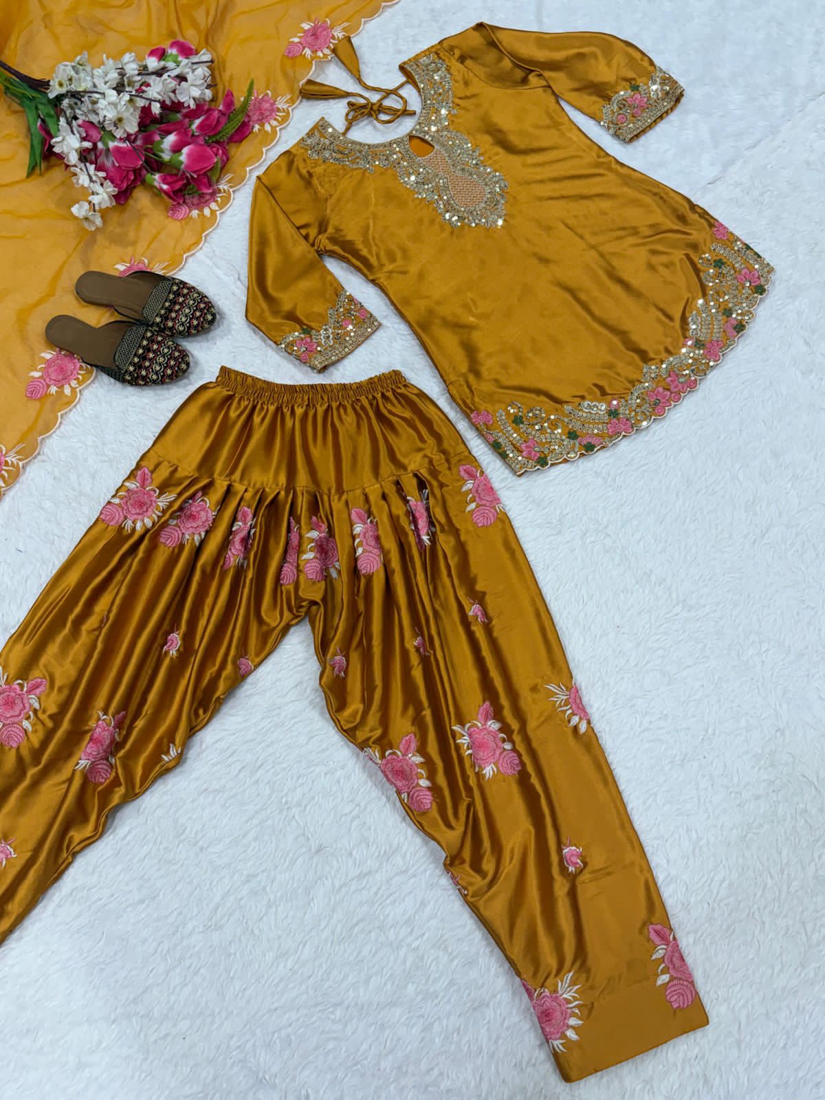 Designer Party Wear Japan Satin Top, Farshi Salwar & Dupatta Set (Fully Stitched)