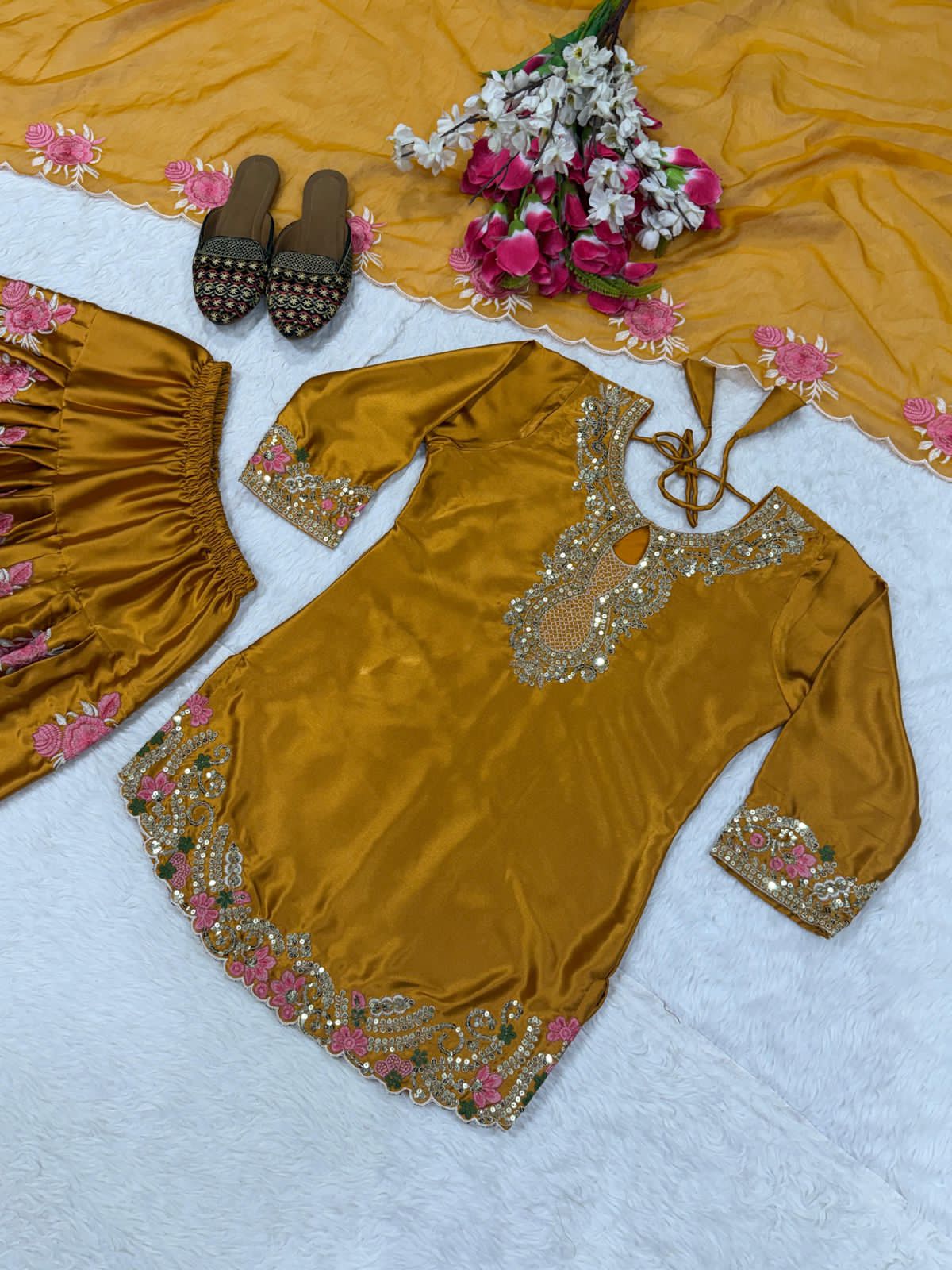 Designer Party Wear Japan Satin Top, Farshi Salwar & Dupatta Set (Fully Stitched)