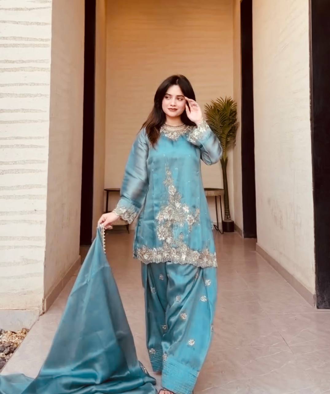 Designer GMY Silk Top, Farshi Pent & Dupatta Set with Embroidery (Fully Stitched)