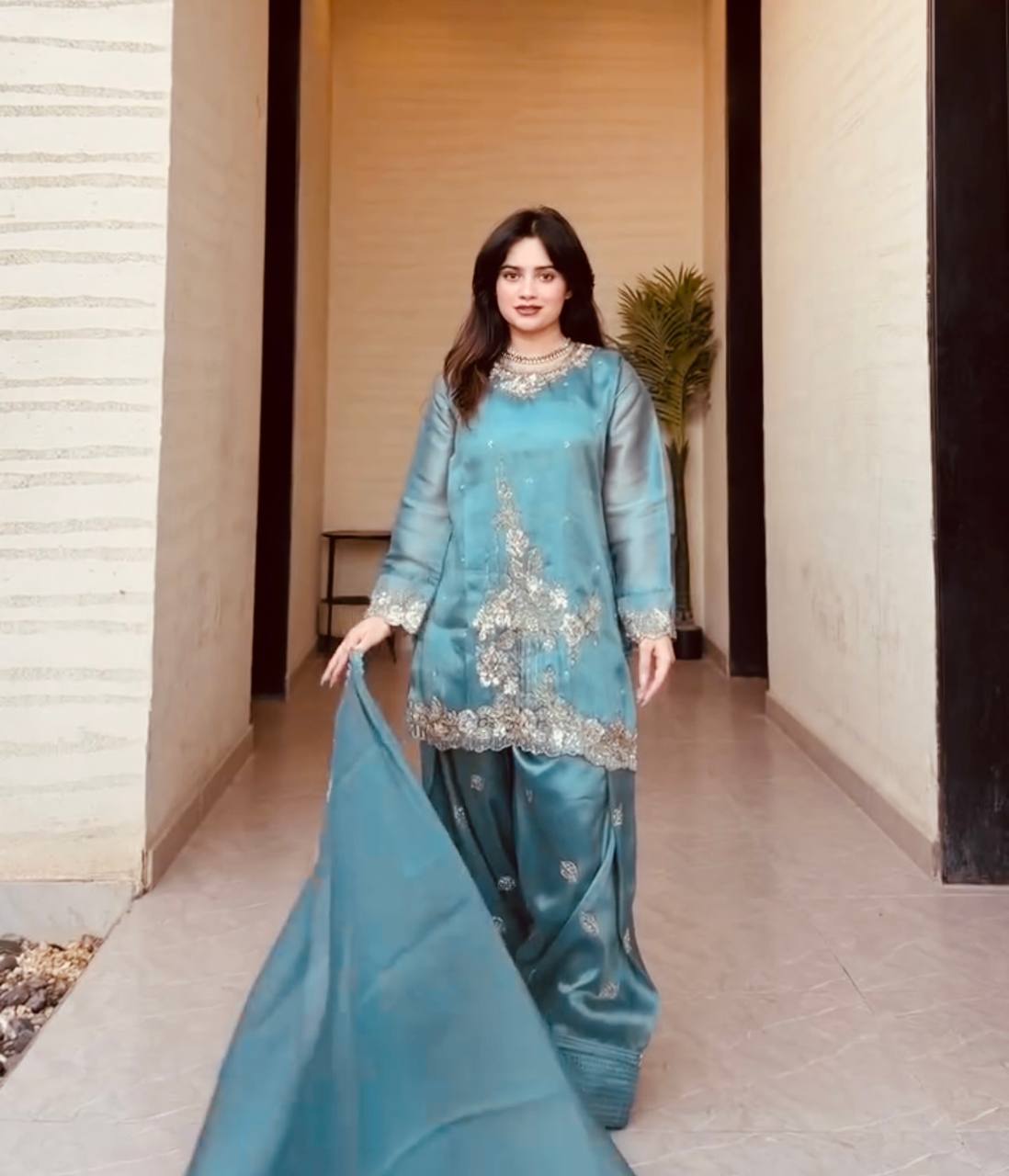 Designer GMY Silk Top, Farshi Pent & Dupatta Set with Embroidery (Fully Stitched)