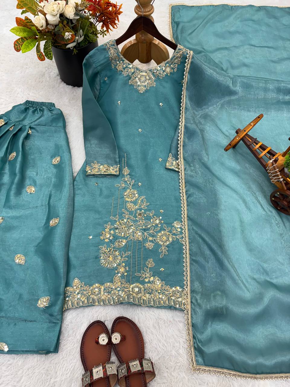 Designer GMY Silk Top, Farshi Pent & Dupatta Set with Embroidery (Fully Stitched)