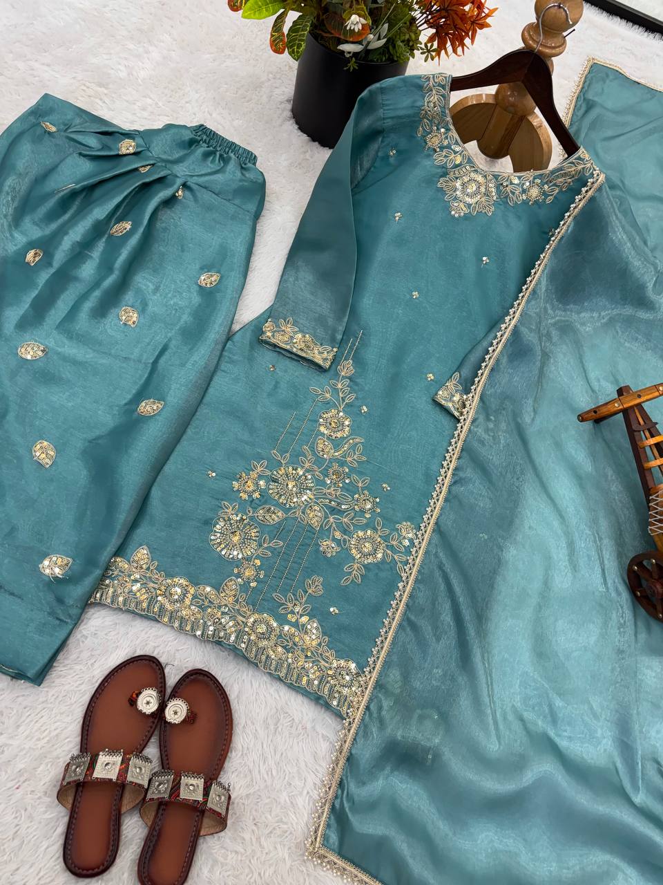 Designer GMY Silk Top, Farshi Pent & Dupatta Set with Embroidery (Fully Stitched)
