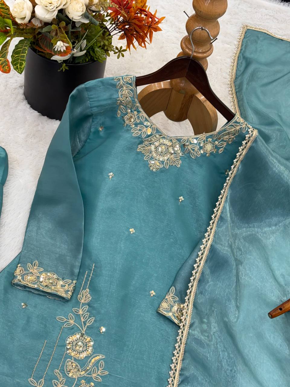 Designer GMY Silk Top, Farshi Pent & Dupatta Set with Embroidery (Fully Stitched)
