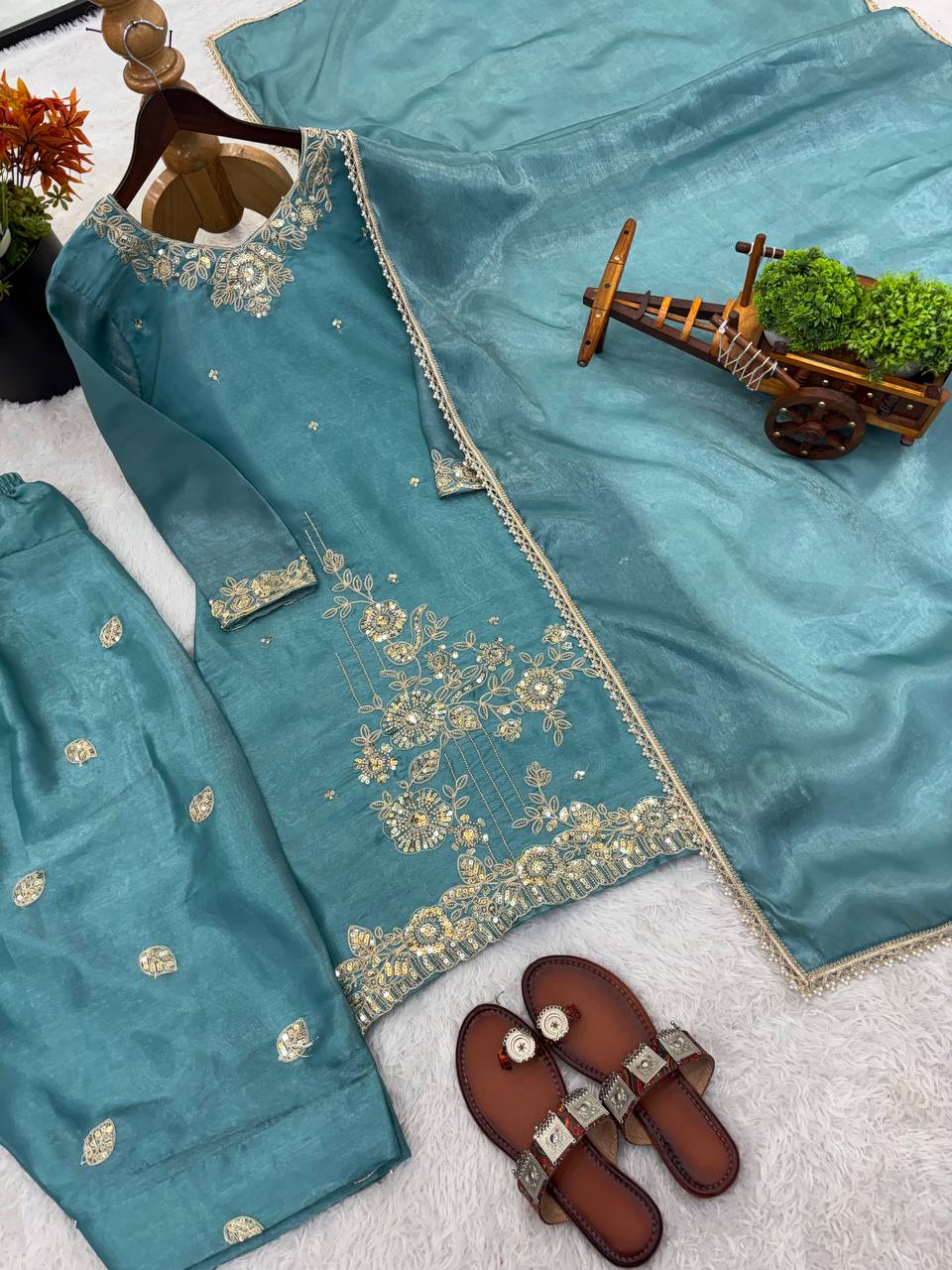 Designer GMY Silk Top, Farshi Pent & Dupatta Set with Embroidery (Fully Stitched)