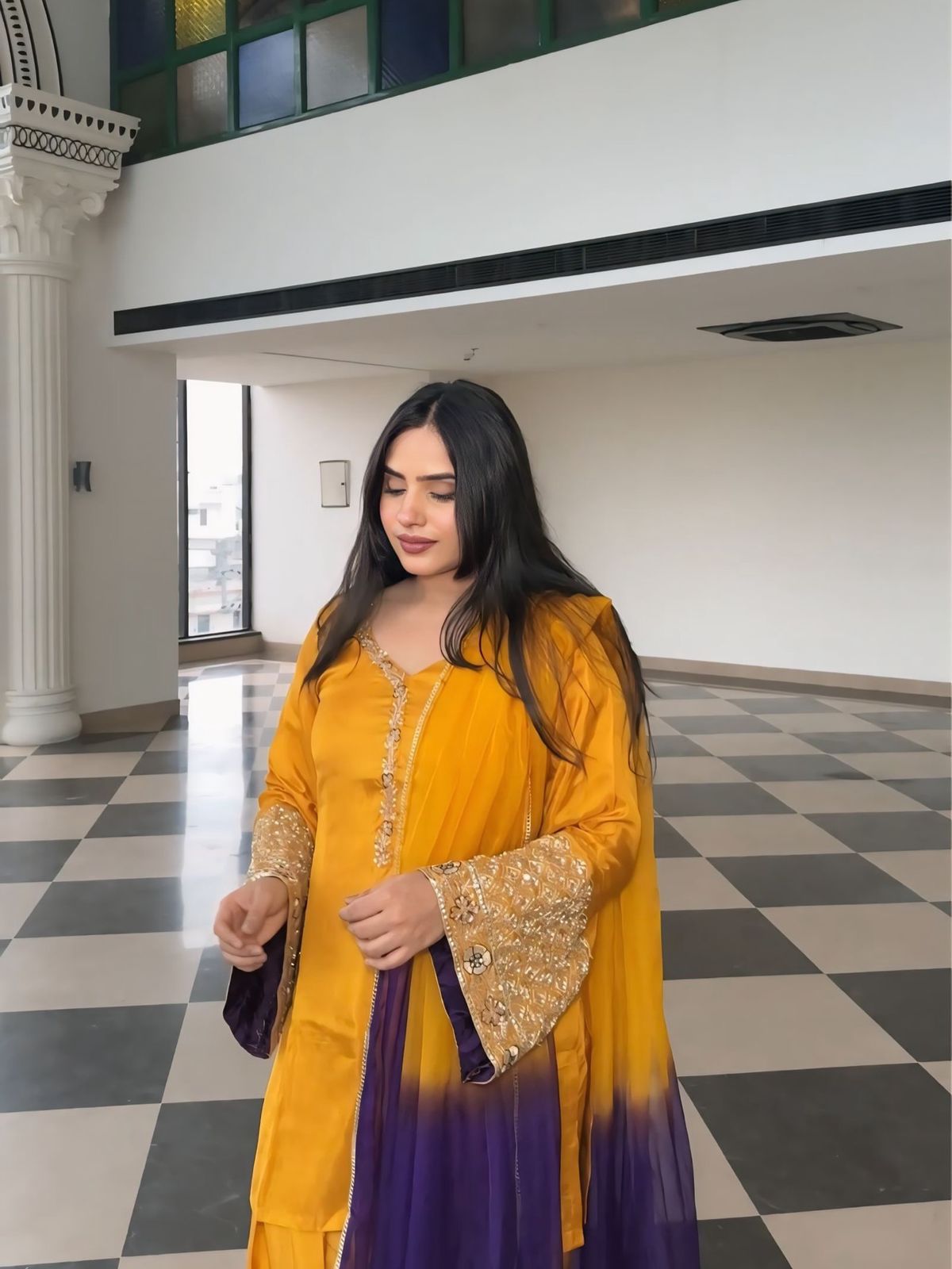 Designer Natural Satin Silk Top, Farshi Pent & Dupatta Set (Fully Stitched)