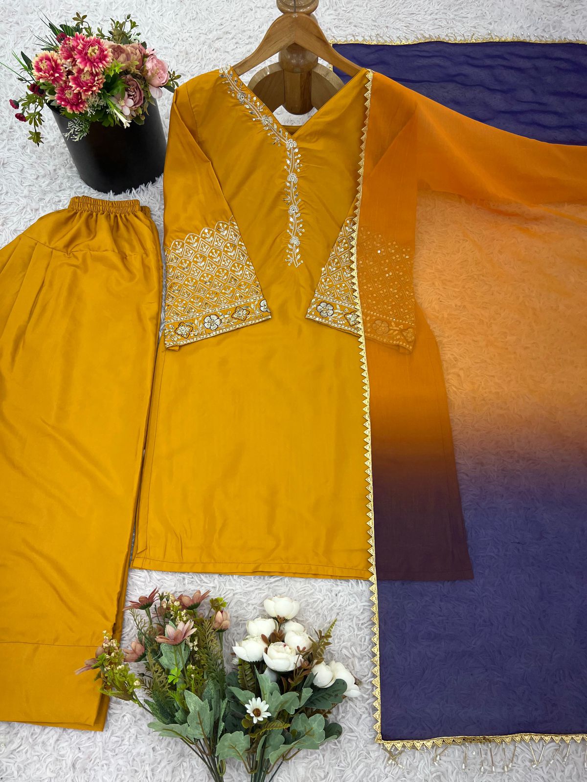 Designer Natural Satin Silk Top, Farshi Pent & Dupatta Set (Fully Stitched)