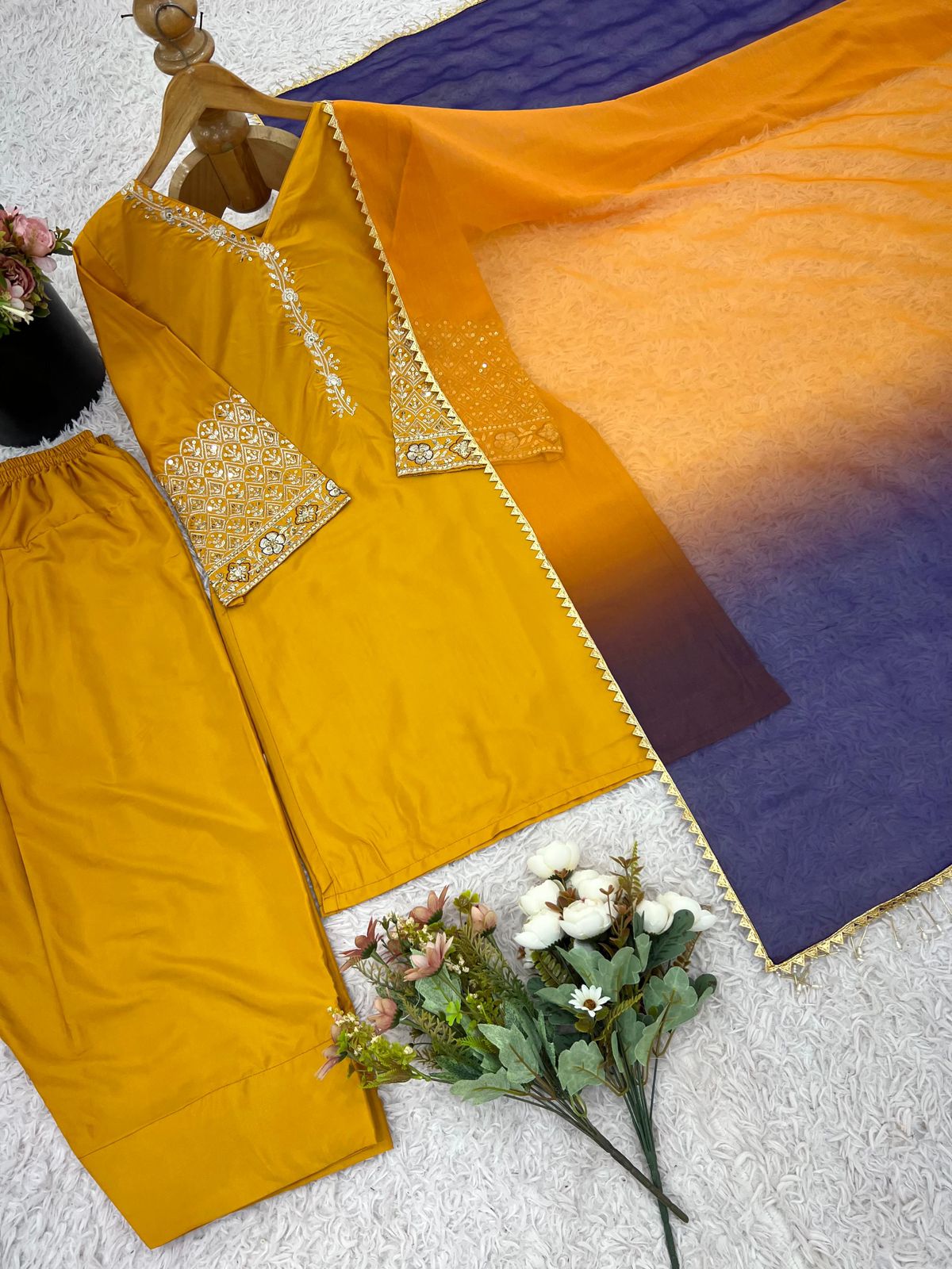 Designer Natural Satin Silk Top, Farshi Pent & Dupatta Set (Fully Stitched)