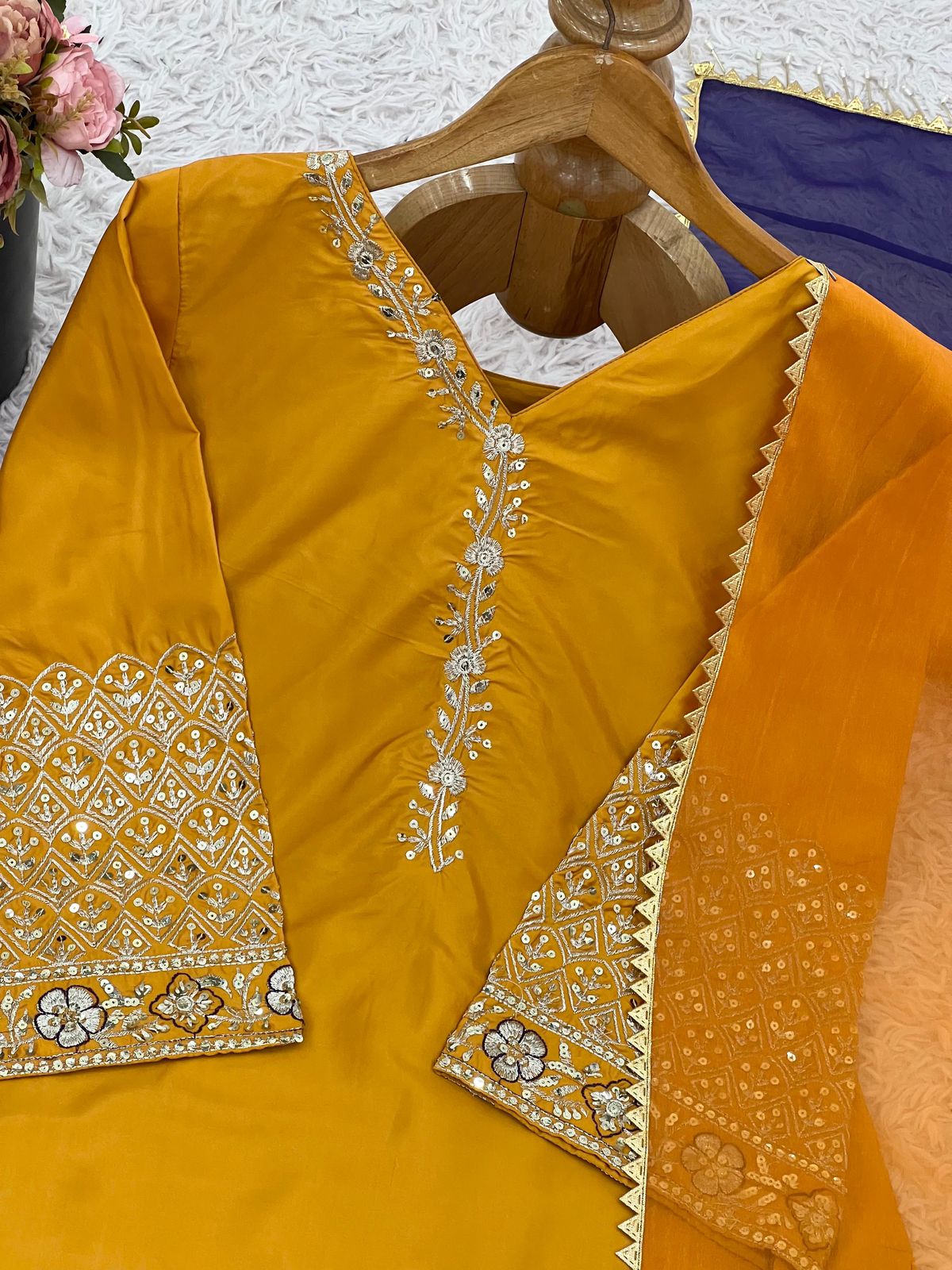 Designer Natural Satin Silk Top, Farshi Pent & Dupatta Set (Fully Stitched)