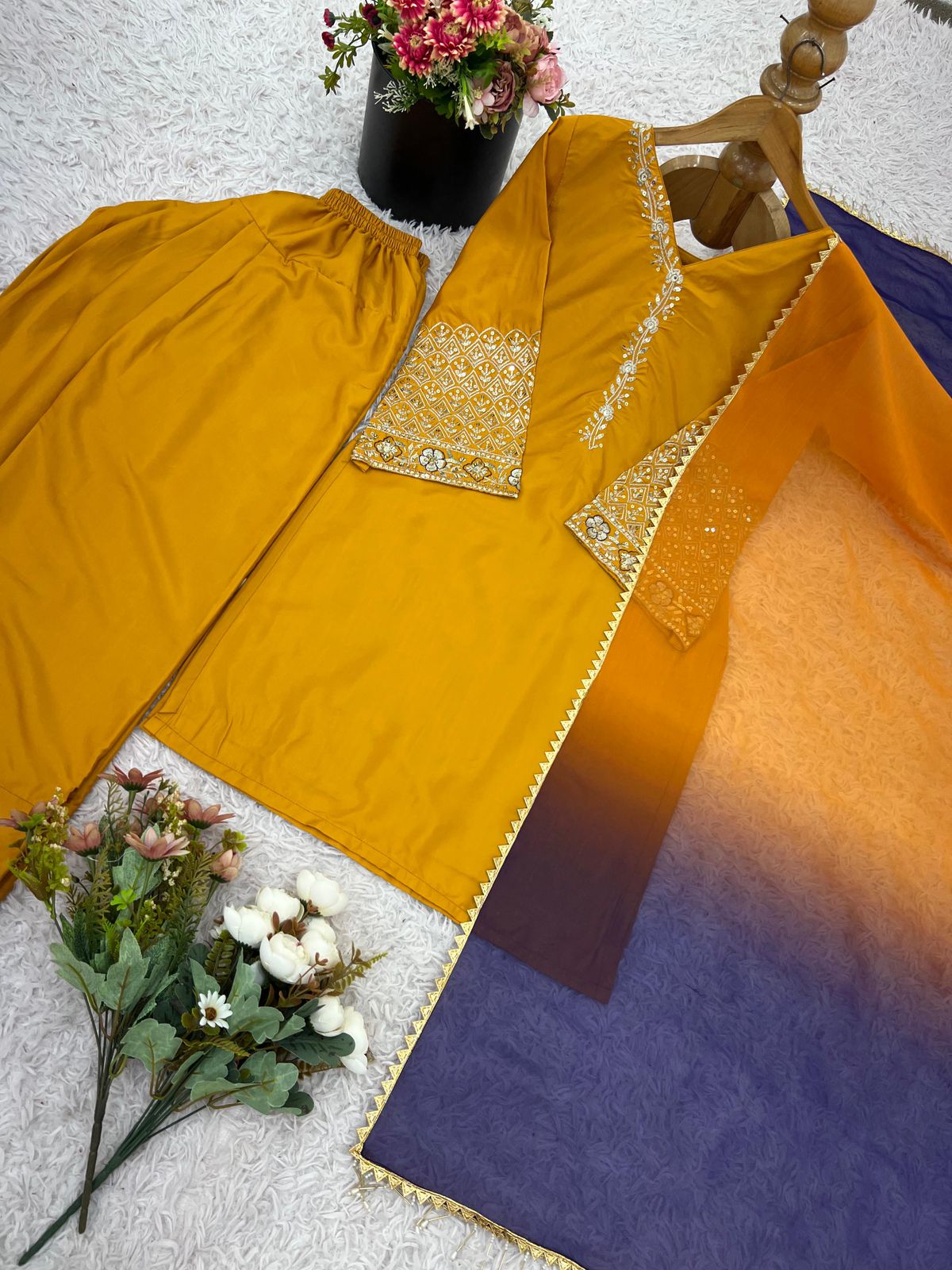 Designer Natural Satin Silk Top, Farshi Pent & Dupatta Set (Fully Stitched)