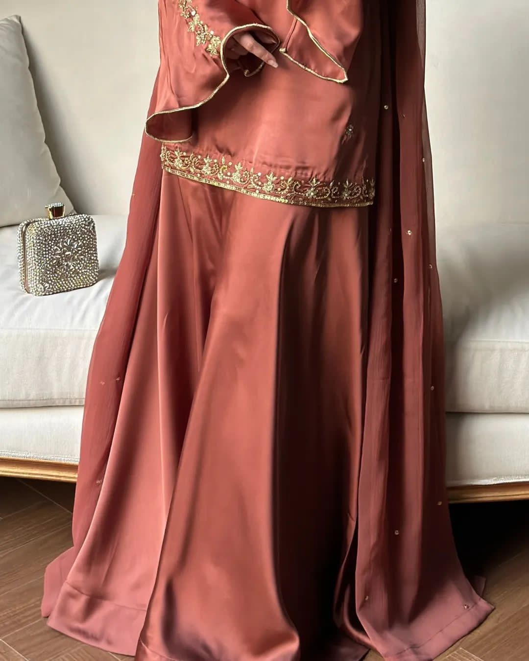 Heavy Natural Crep Silk Top, Sharara Palazzo & Dupatta Set with Multi-Needle Embroidery (Fully Stitched)