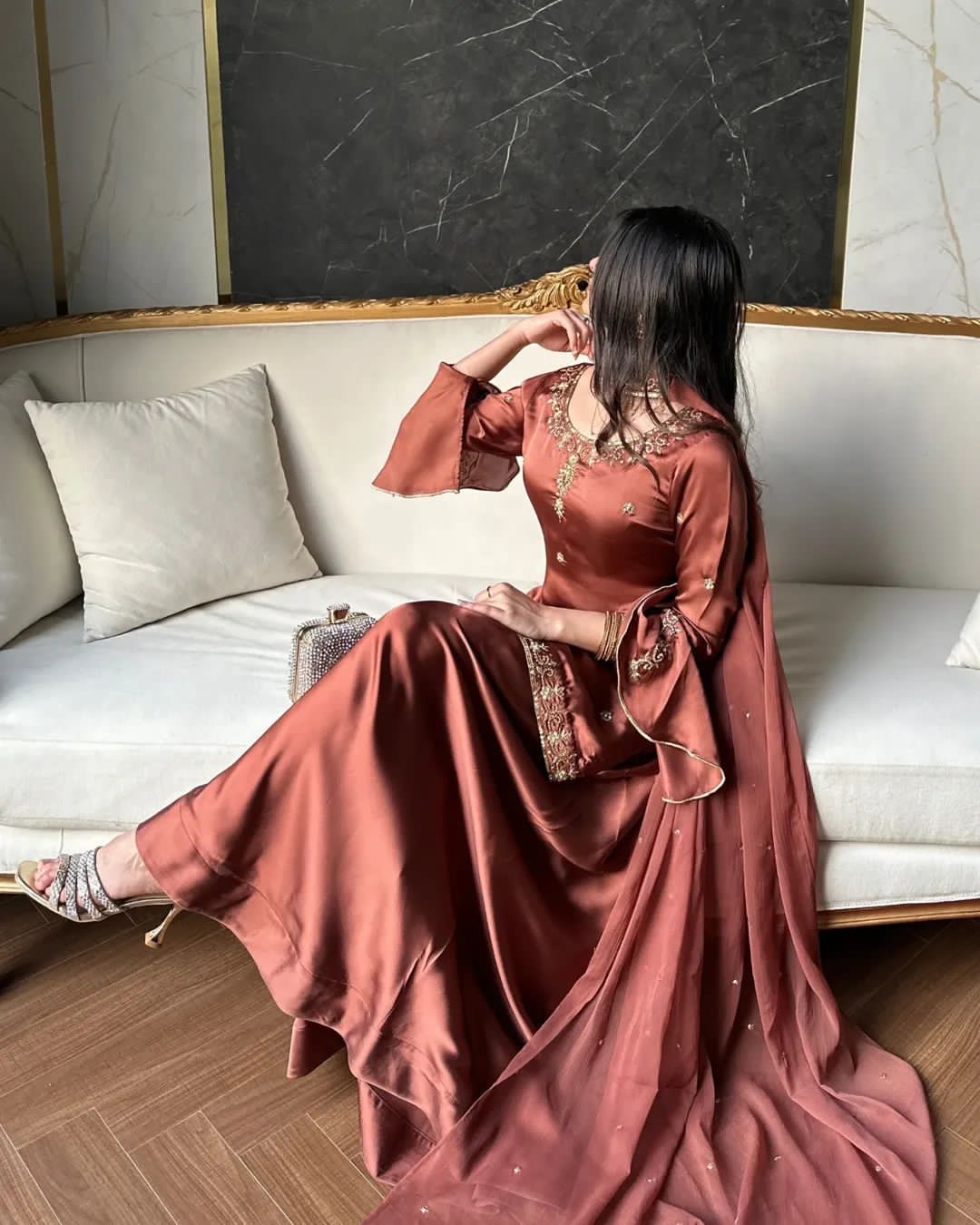 Heavy Natural Crep Silk Top, Sharara Palazzo & Dupatta Set with Multi-Needle Embroidery (Fully Stitched)