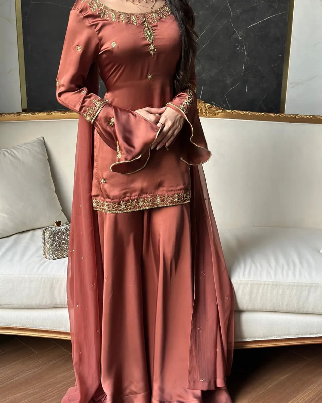 Heavy Natural Crep Silk Top, Sharara Palazzo & Dupatta Set with Multi-Needle Embroidery (Fully Stitched)