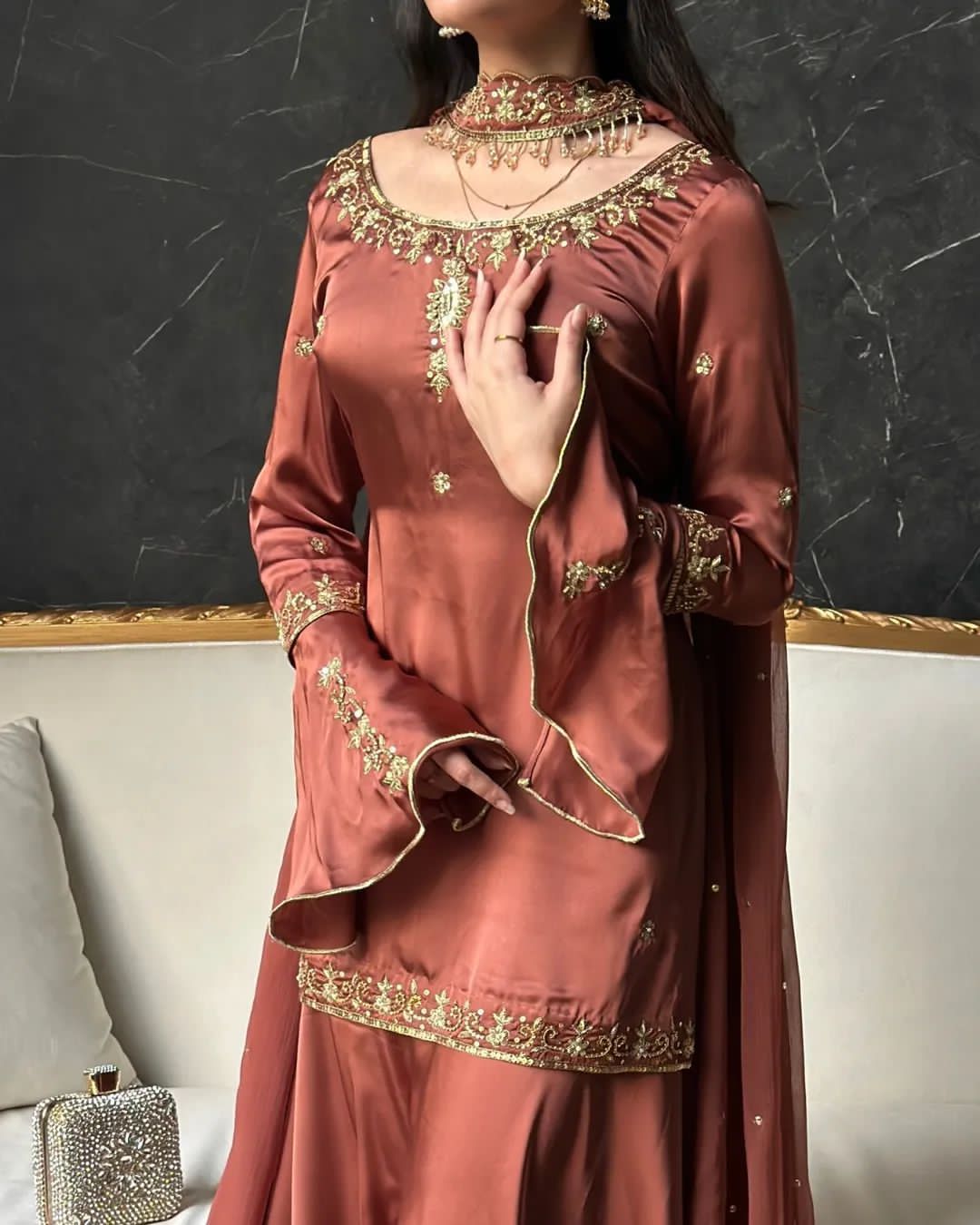 Heavy Natural Crep Silk Top, Sharara Palazzo & Dupatta Set with Multi-Needle Embroidery (Fully Stitched)