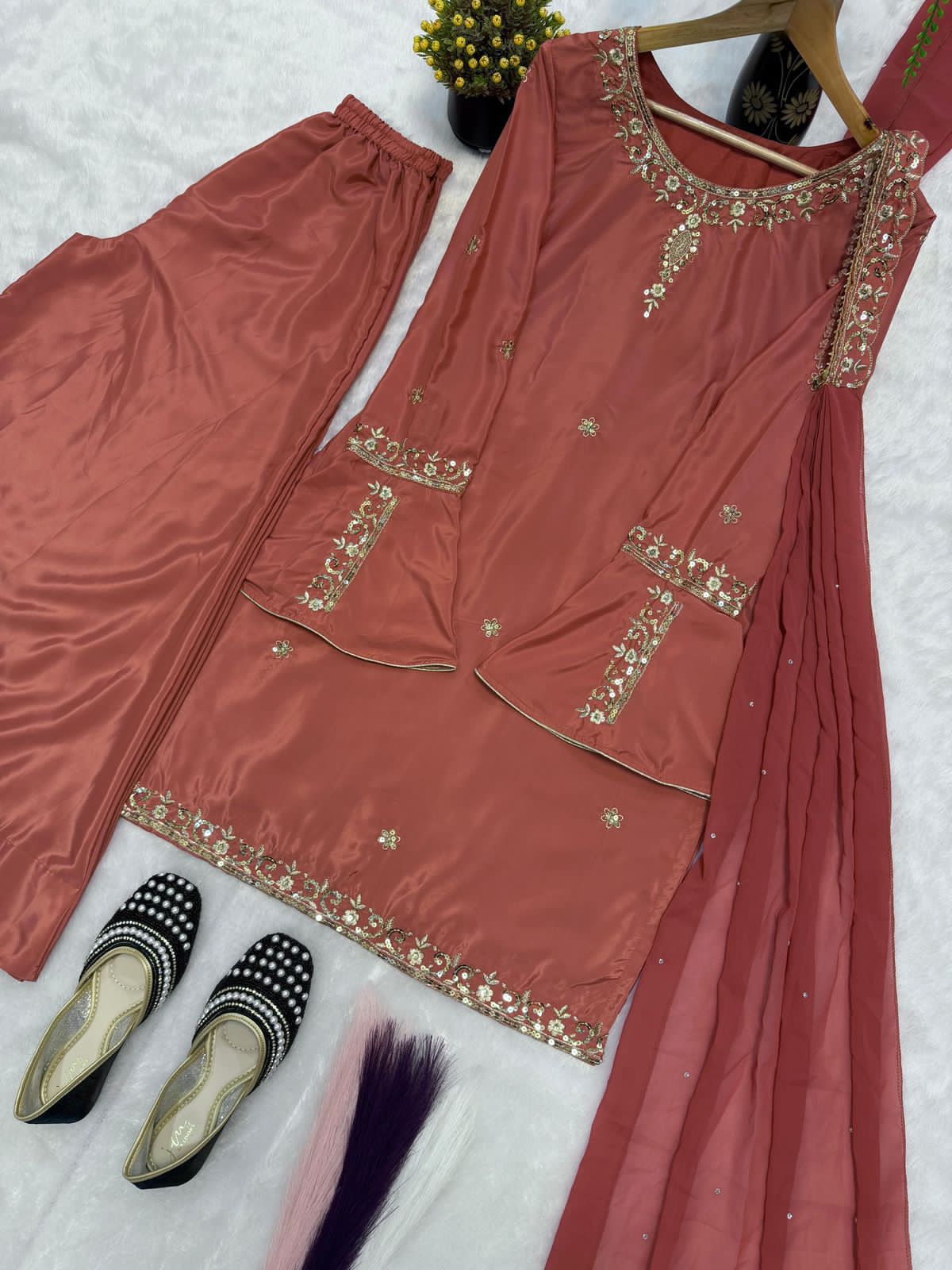 Heavy Natural Crep Silk Top, Sharara Palazzo & Dupatta Set with Multi-Needle Embroidery (Fully Stitched)