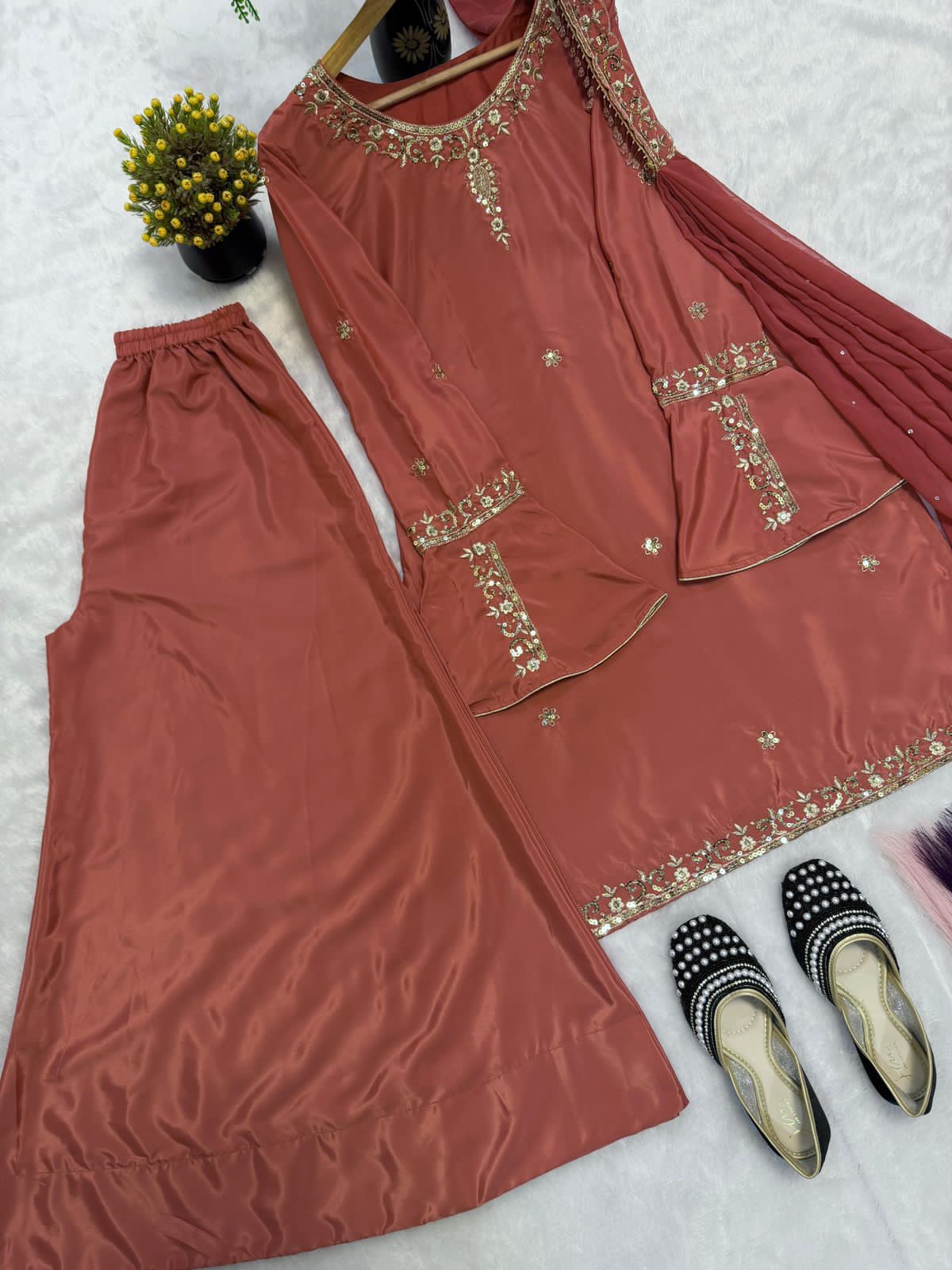 Heavy Natural Crep Silk Top, Sharara Palazzo & Dupatta Set with Multi-Needle Embroidery (Fully Stitched)