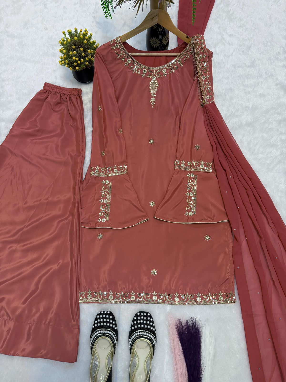 Heavy Natural Crep Silk Top, Sharara Palazzo & Dupatta Set with Multi-Needle Embroidery (Fully Stitched)