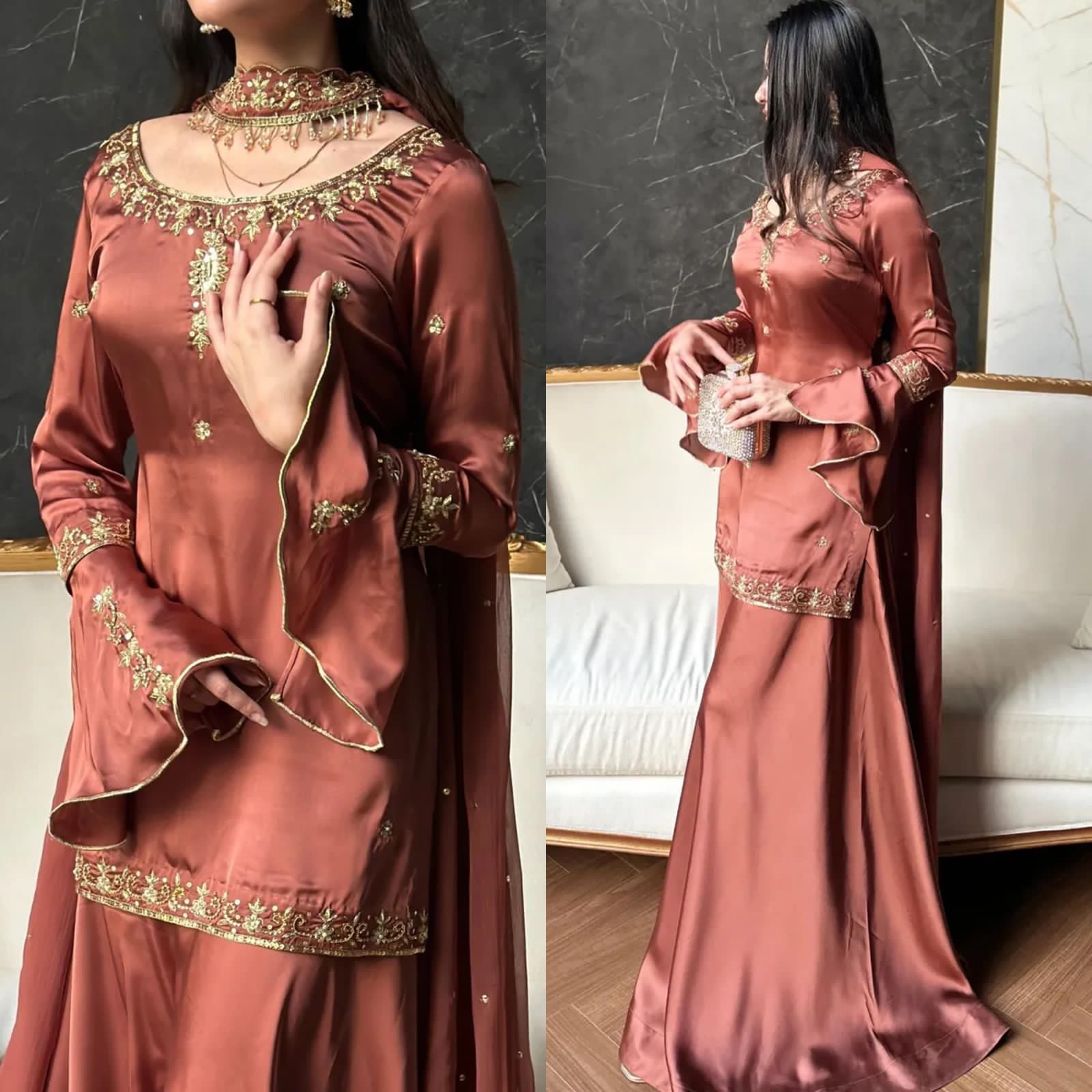 Heavy Natural Crep Silk Top, Sharara Palazzo & Dupatta Set with Multi-Needle Embroidery (Fully Stitched)