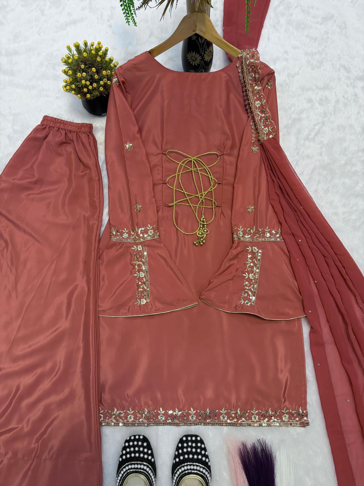 Heavy Natural Crep Silk Top, Sharara Palazzo & Dupatta Set with Multi-Needle Embroidery (Fully Stitched)