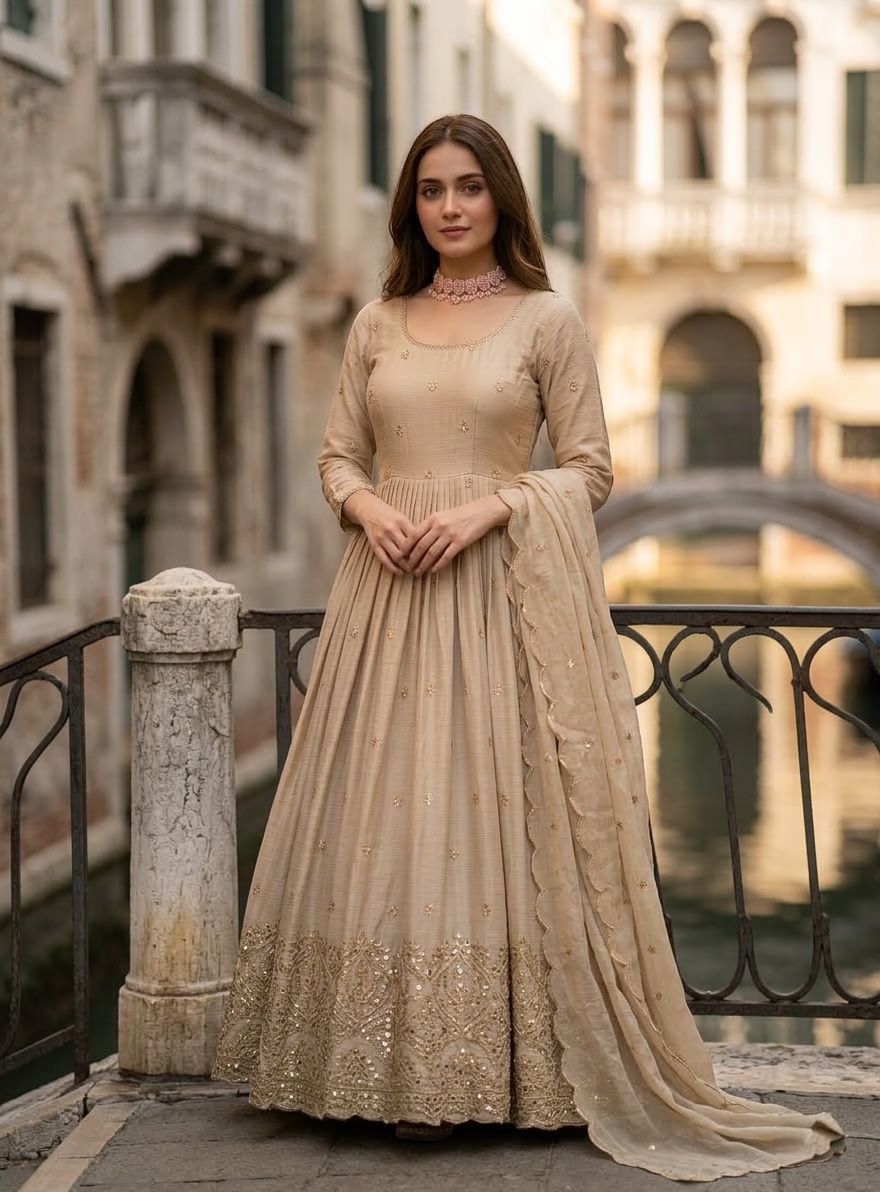 Trending Chinon Silk Gown, Pent & Dupatta Set with Real Mirror Work (Fully Stitched)