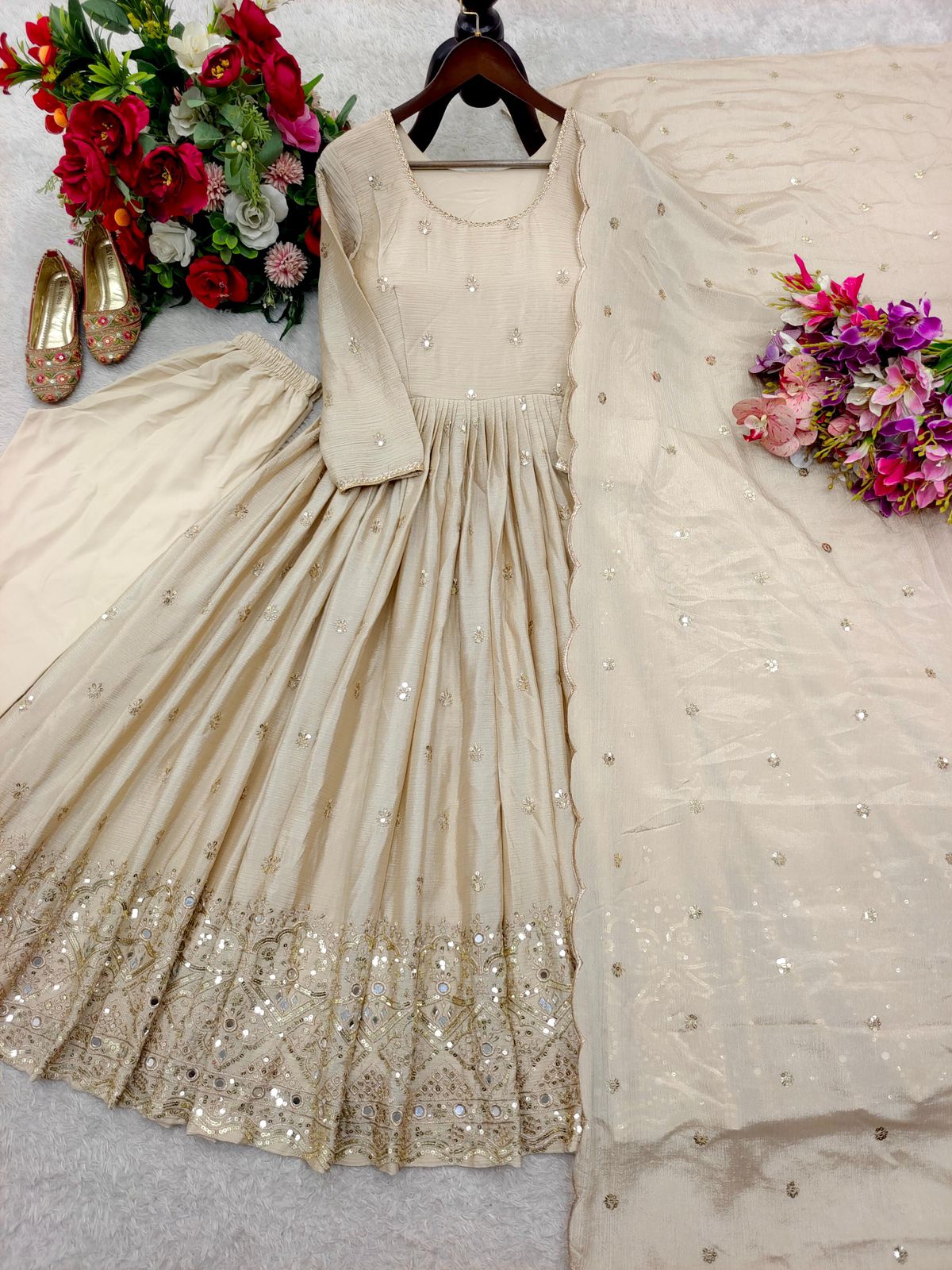 Trending Chinon Silk Gown, Pent & Dupatta Set with Real Mirror Work (Fully Stitched)