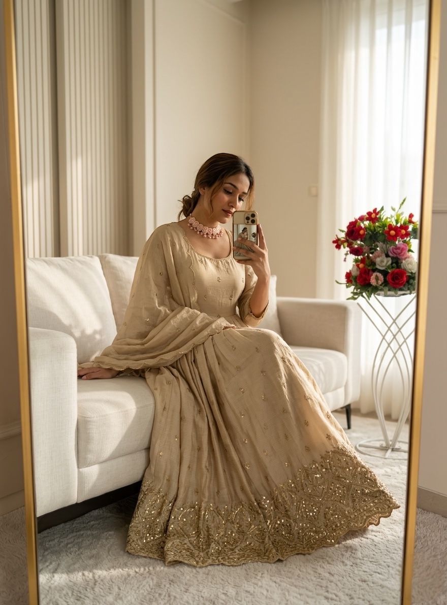 Trending Chinon Silk Gown, Pent & Dupatta Set with Real Mirror Work (Fully Stitched)