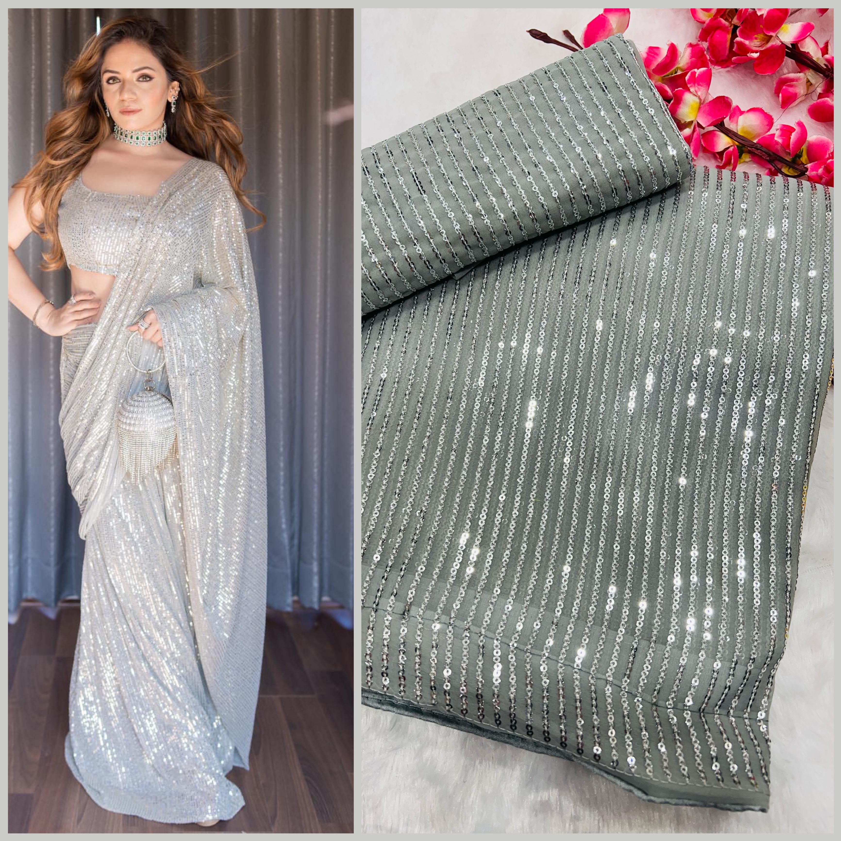 Celebrity Style 3MM Sequin Georgette Saree with Embroidery Blouse