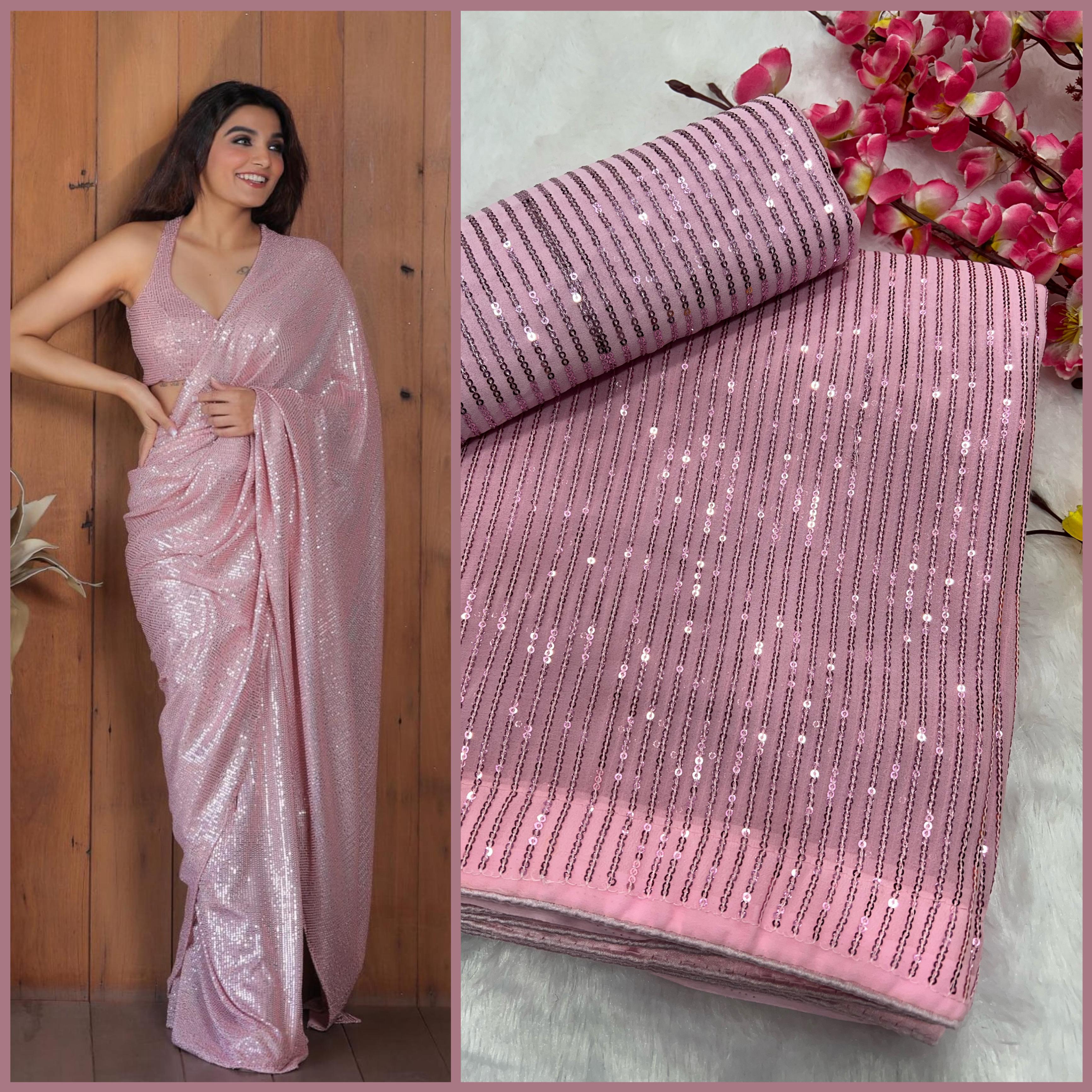 Celebrity Style 3MM Sequin Georgette Saree with Embroidery Blouse