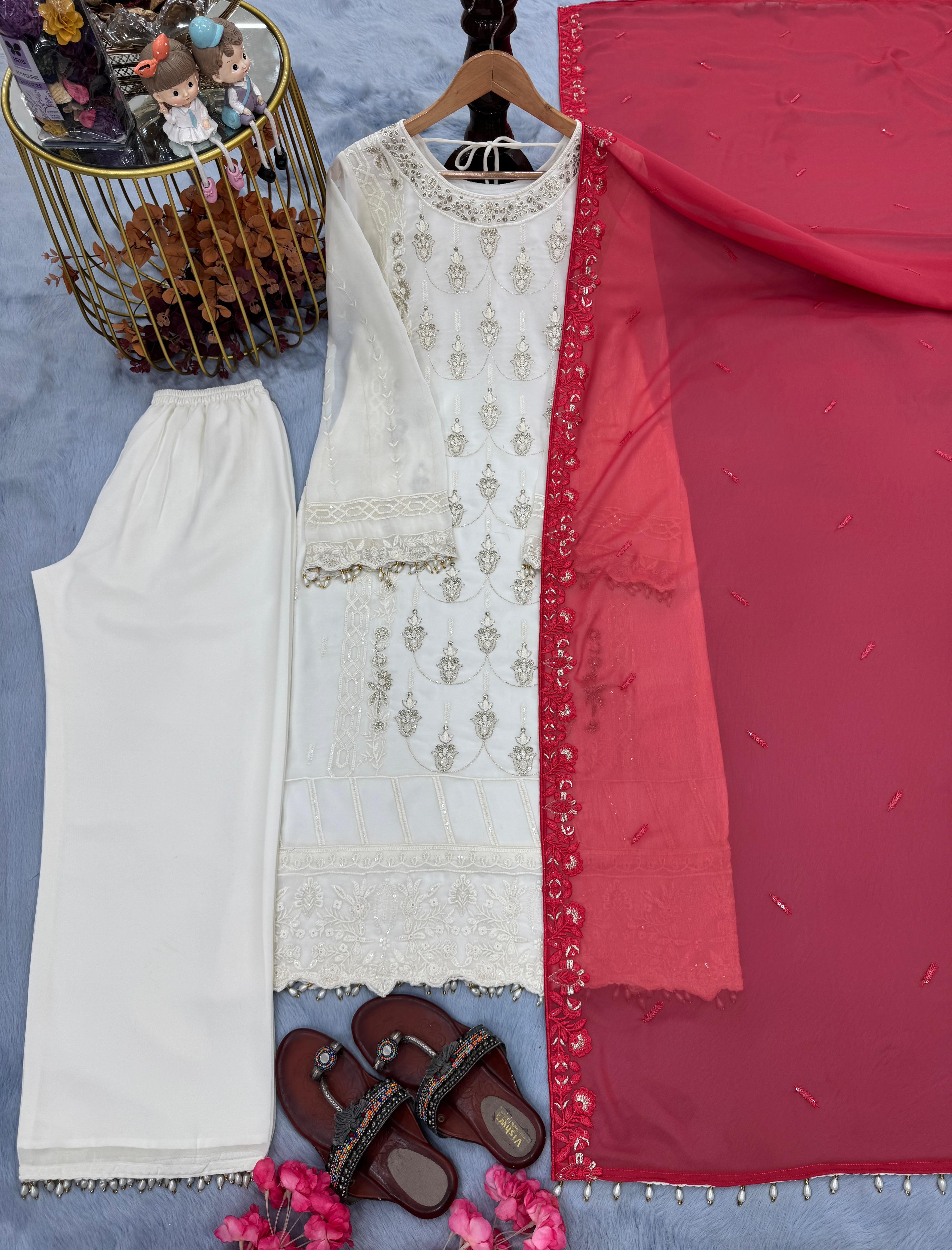 Designer Party Wear Heavy Faux Georgette Top, Palazzo & Dupatta Set with 3MM Embroidery (Fully Stitched)