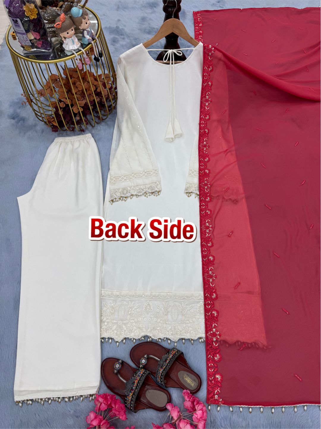 Designer Party Wear Heavy Faux Georgette Top, Palazzo & Dupatta Set with 3MM Embroidery (Fully Stitched)
