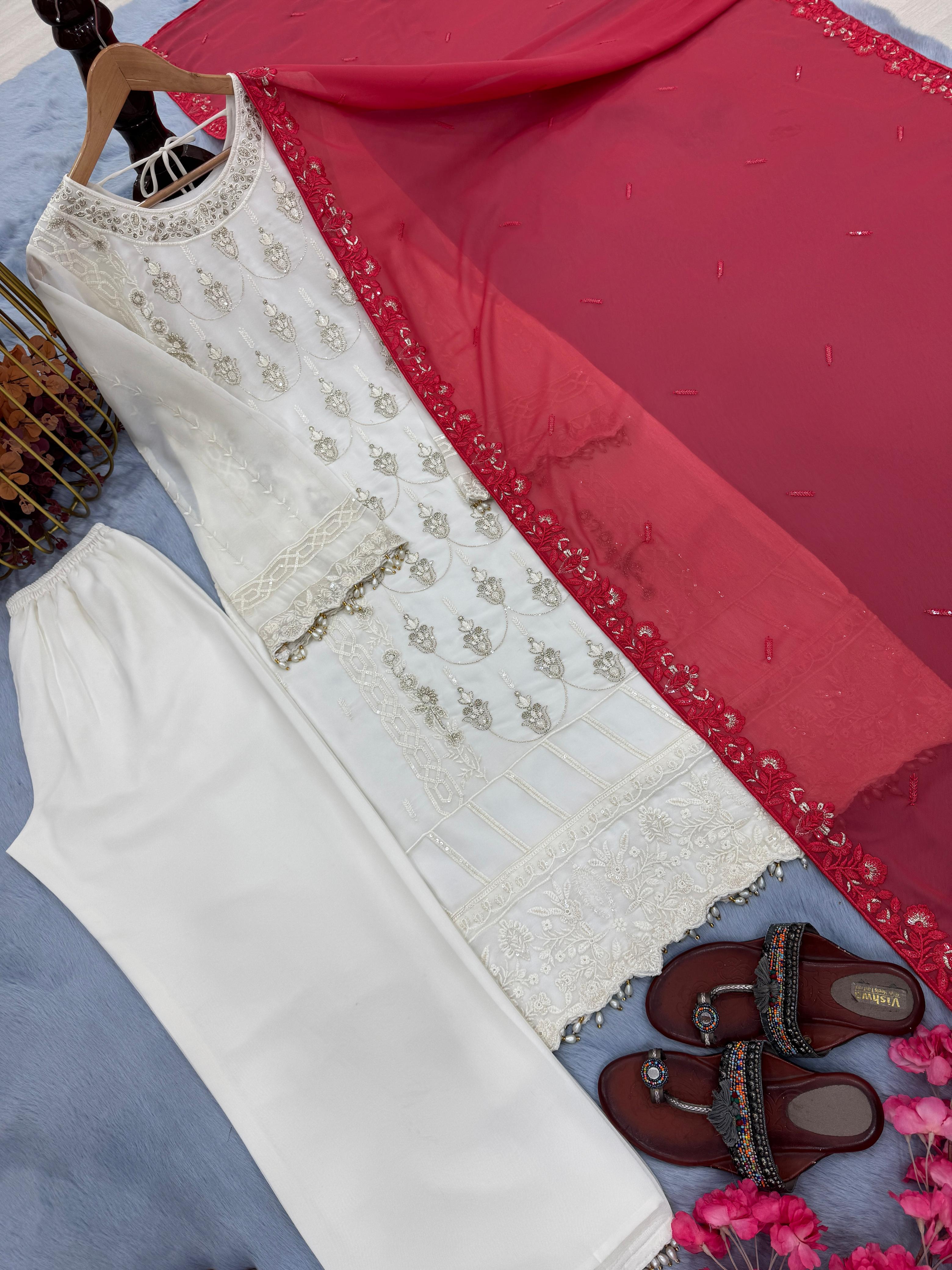 Designer Party Wear Heavy Faux Georgette Top, Palazzo & Dupatta Set with 3MM Embroidery (Fully Stitched)